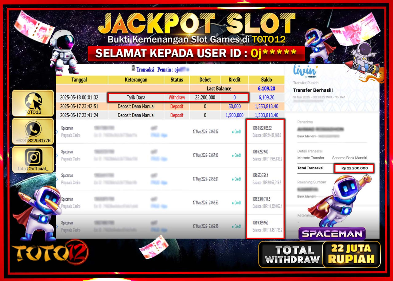 HANYA DI TOTO12 JP PASTI DI BAYAR LUNAS DAN CEPAT!!!!!! JACKPOT SLOT GAME (SPACEMAN) Rp.22.000.000 !!!!