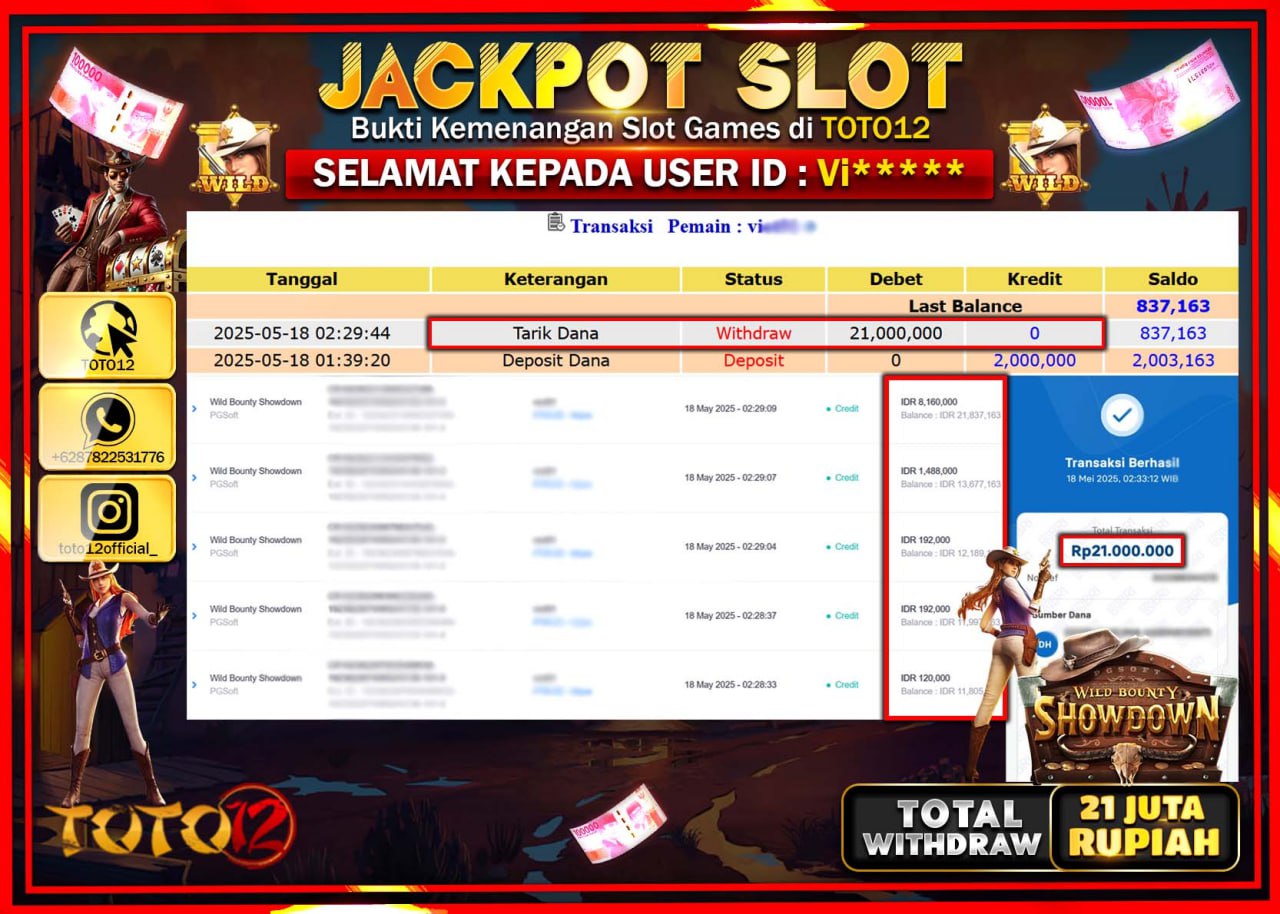 HANYA DI TOTO12 JP PASTI DI BAYAR LUNAS DAN CEPAT!!!!!! JACKPOT SLOT GAME (WILD BOUNTY SHOWDOWN) Rp.21.000.000 !!!!