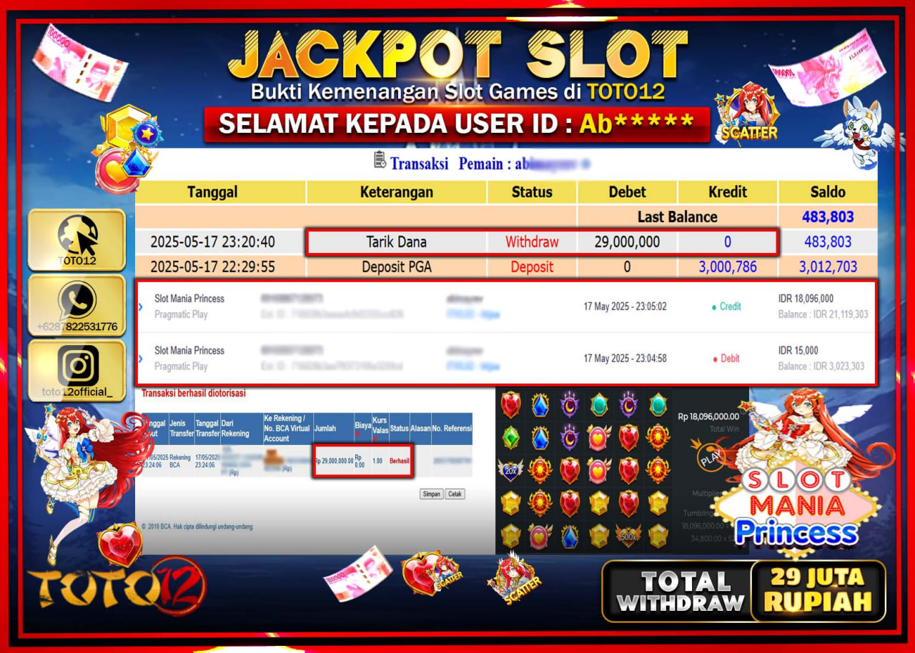 HANYA DI TOTO12 JP PASTI DI BAYAR LUNAS DAN CEPAT!!!!!! JACKPOT SLOT GAME (SLOT MANIA PRINCESS) Rp.29.000.000 !!!!