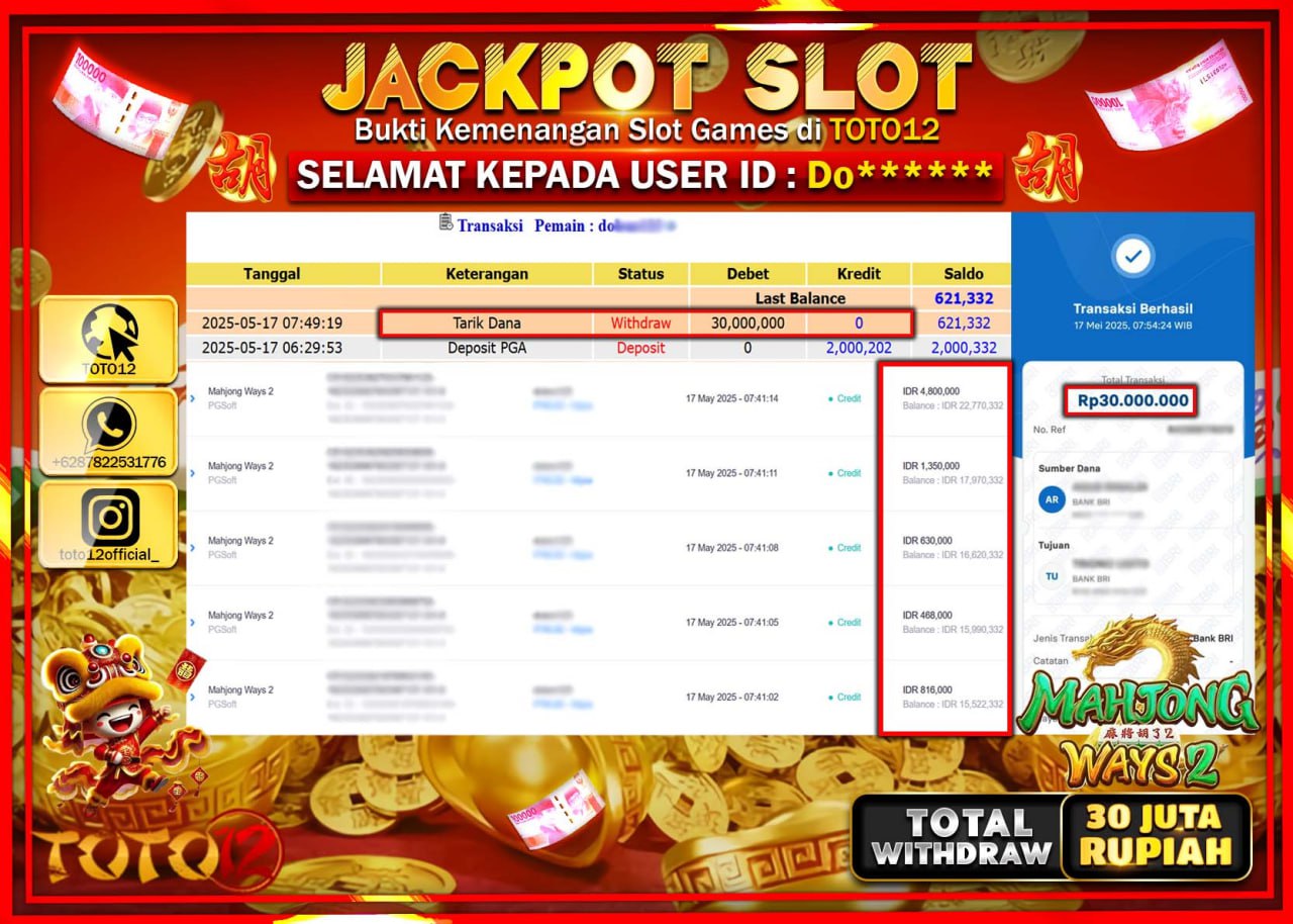 HANYA DI TOTO12 JP PASTI DI BAYAR LUNAS DAN CEPAT!!!!!! JACKPOT SLOT GAME (MAHJONG WAYS 2) Rp.30.000.000 !!!!
