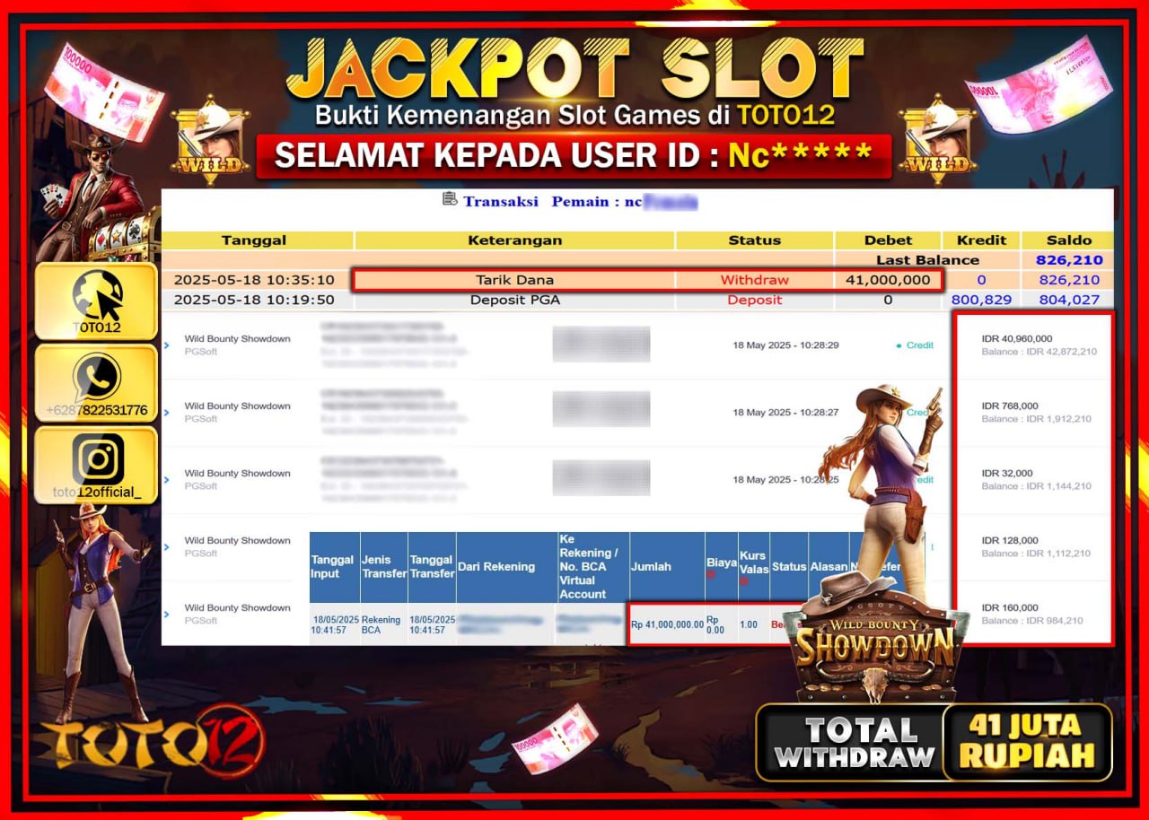 HANYA DI TOTO12 JP PASTI DI BAYAR LUNAS DAN CEPAT!!!!!! JACKPOT SLOT GAME (WILD BOUNTY SHOWDOWN) Rp.41.000.000 !!!!