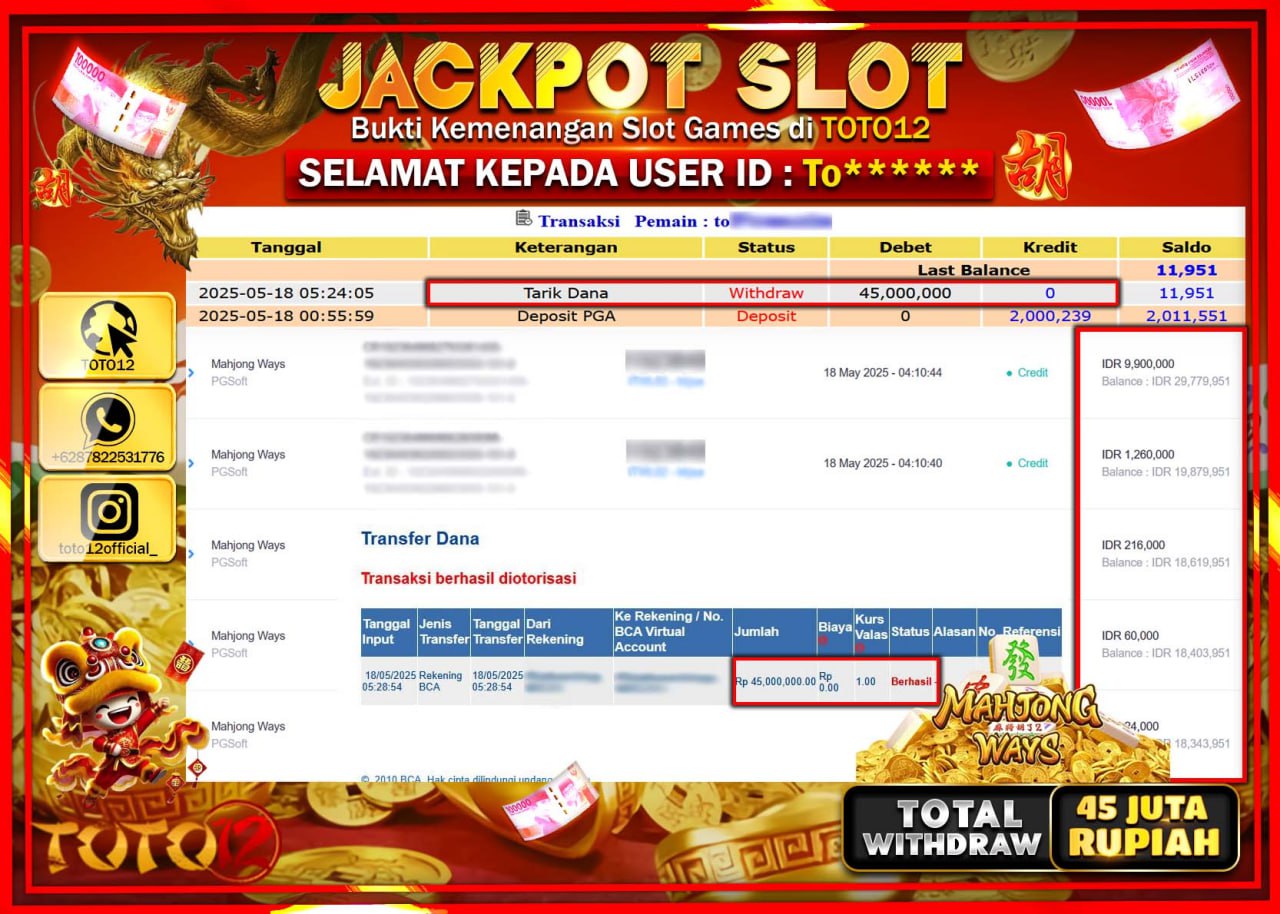 HANYA DI TOTO12 JP PASTI DI BAYAR LUNAS DAN CEPAT!!!!!! JACKPOT SLOT GAME (MAHJONG WAYS) Rp.45.000.000 !!!!