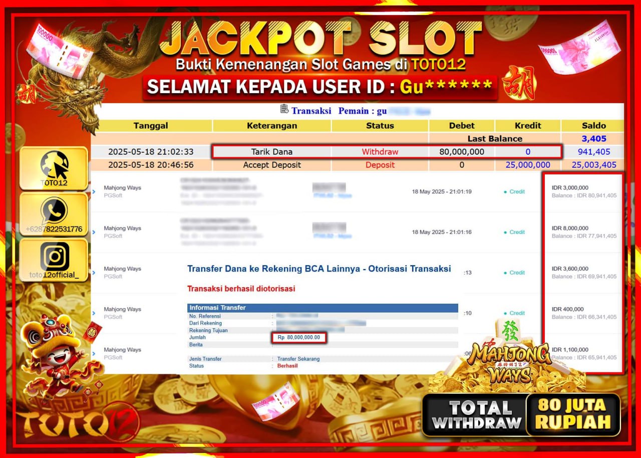 HANYA DI TOTO12 JP PASTI DI BAYAR LUNAS DAN CEPAT!!!!!! JACKPOT SLOT GAME (MAHJONG WAYS) Rp.80.000.000 !!!!