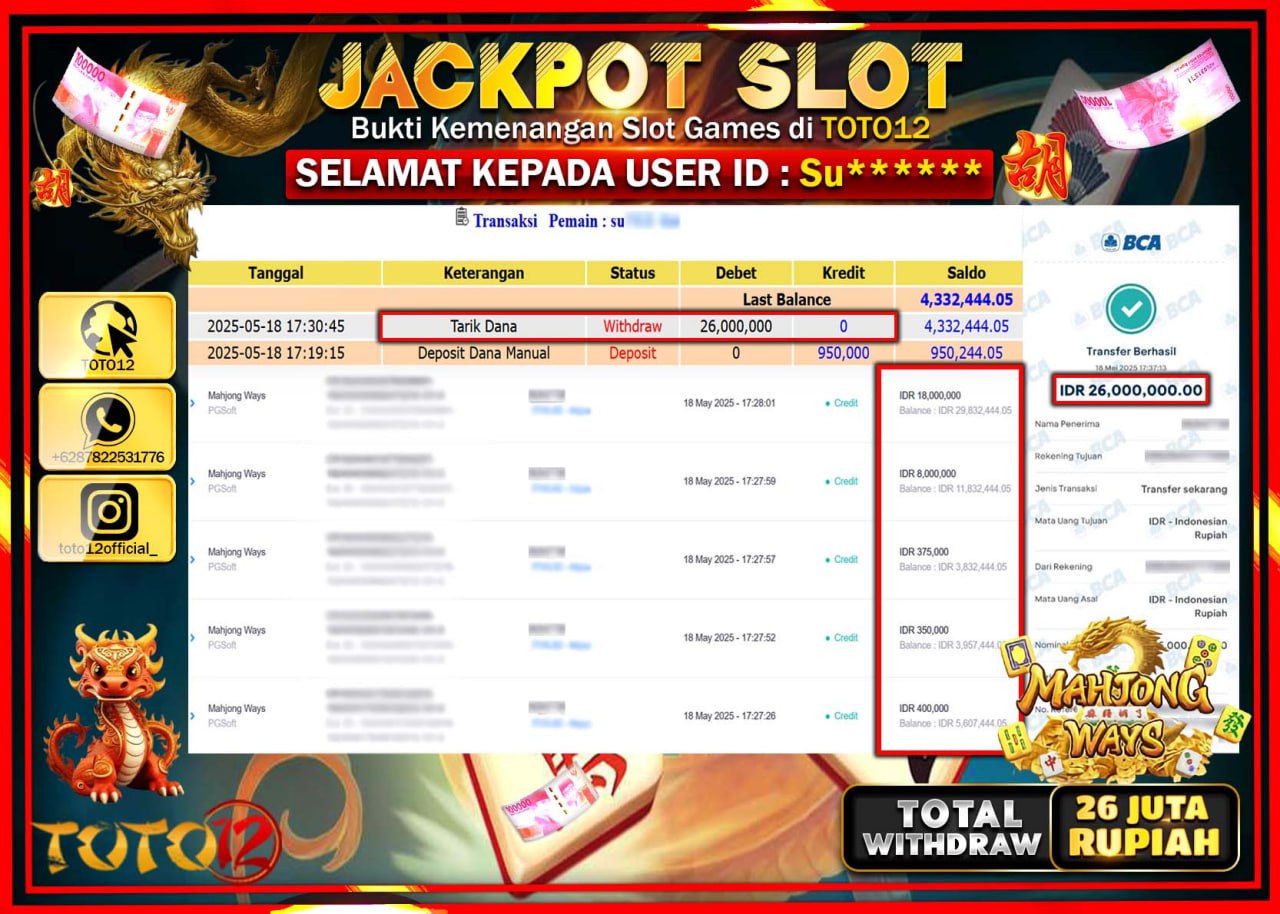HANYA DI TOTO12 JP PASTI DI BAYAR LUNAS DAN CEPAT!!!!!! JACKPOT SLOT GAME (MAHJONG WAYS) Rp.26.000.000 !!!!