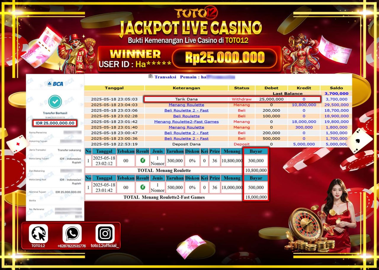 HANYA DI TOTO12 JP PASTI DI BAYAR LUNAS DAN CEPAT!!!!!! JACKPOT IDN LIVE GAMES CASINO (ROULETTE) Rp.25.000.000 !!!!
