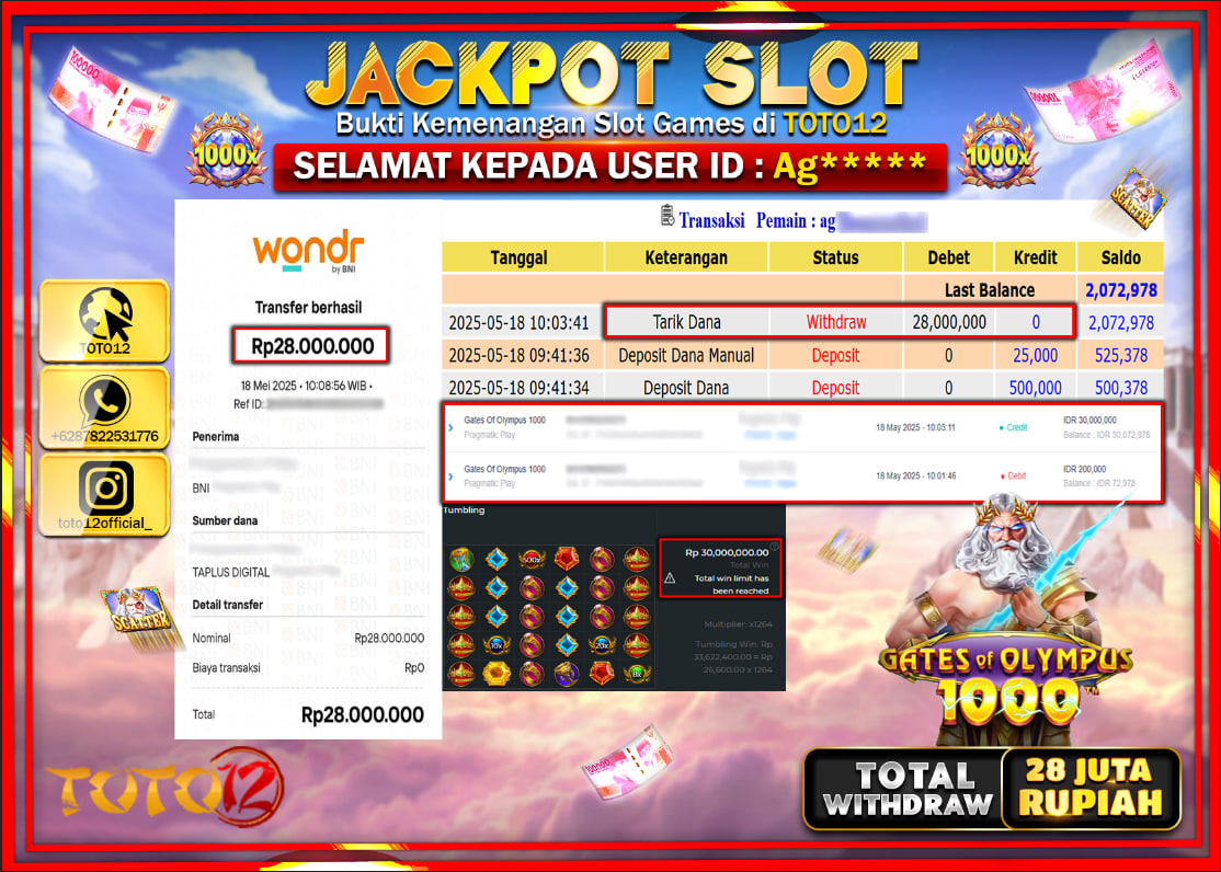 HANYA DI TOTO12 JP PASTI DI BAYAR LUNAS DAN CEPAT!!!!!! JACKPOT SLOT GAME (GATES OF OLYMPUS 1000) Rp.28.000.000 !!!!