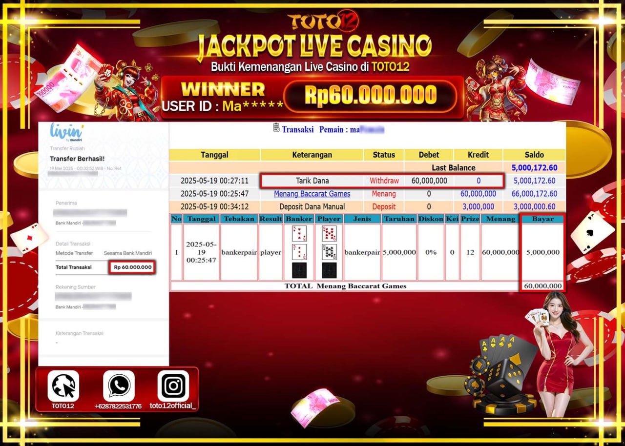 HANYA DI TOTO12 JP PASTI DI BAYAR LUNAS DAN CEPAT!!!!!! JACKPOT IDN LIVE GAMES CASINO (BACCARAT) Rp.60.000.000 !!!!