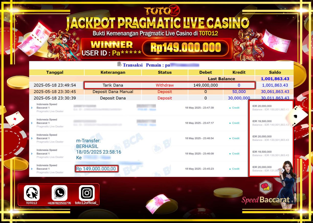 HANYA DI TOTO12 JP PASTI DI BAYAR LUNAS DAN CEPAT!!!!!! JACKPOT PRAGMATIC PLAY LIVE CASINO (SPEED BACCARAT 1) Rp.149.000.000 !!!!