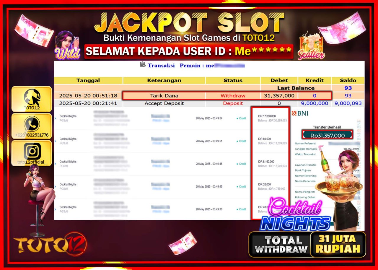 HANYA DI TOTO12 JP PASTI DI BAYAR LUNAS DAN CEPAT!!!!!! JACKPOT SLOT GAME (COCKKTAIL NIGHTS) Rp.31.000.000 !!!!