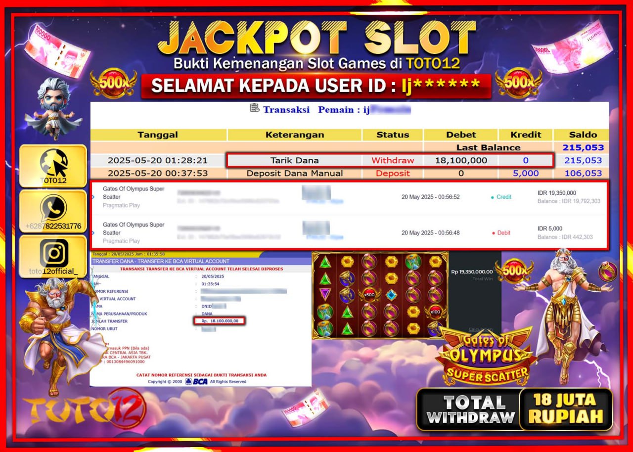 HANYA DI TOTO12 JP PASTI DI BAYAR LUNAS DAN CEPAT!!!!!! JACKPOT SLOT GAME (GATES OF OLYMPUS SUPER SCATTER) Rp.18.000.000 !!!!