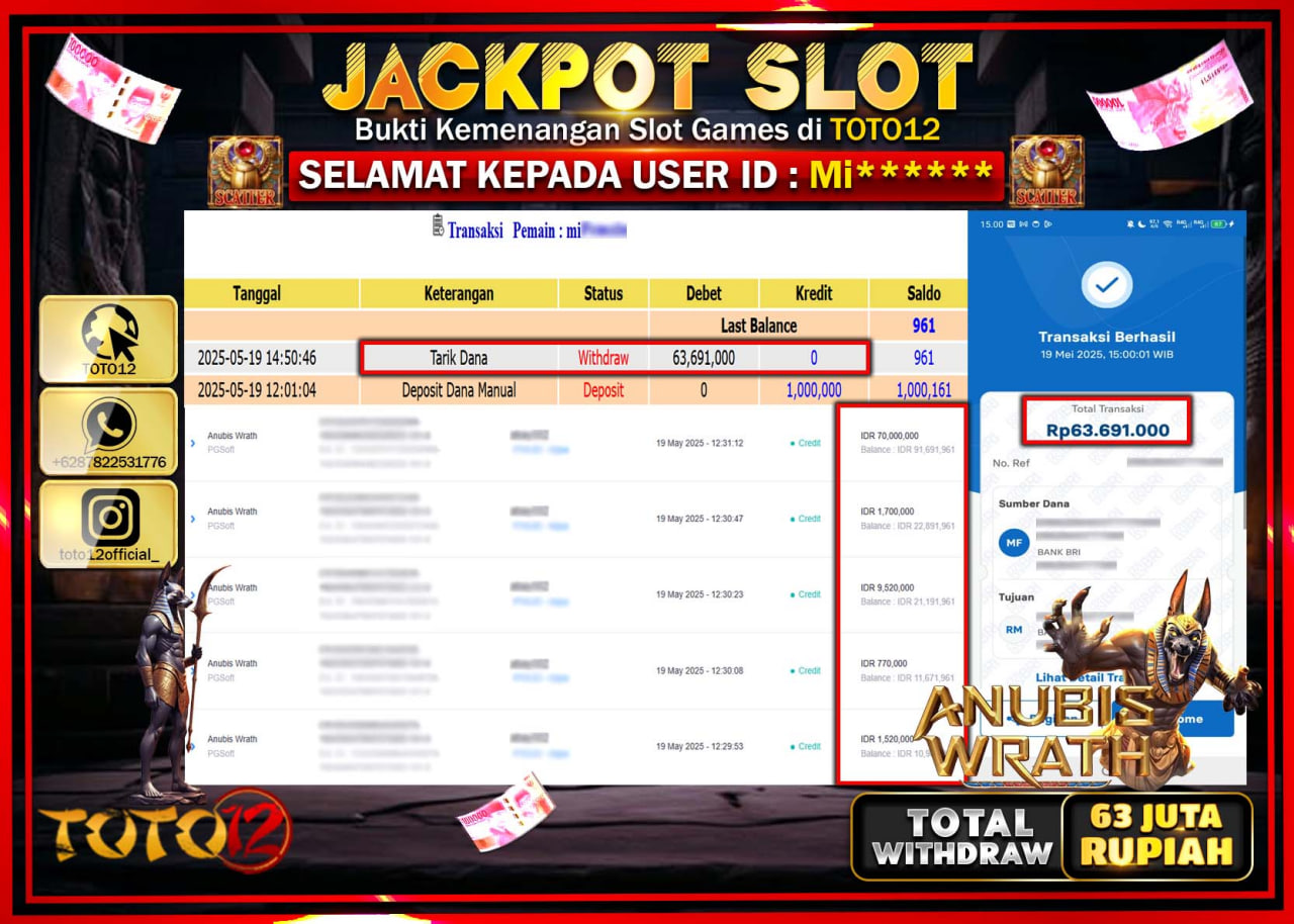HANYA DI TOTO12 JP PASTI DI BAYAR LUNAS DAN CEPAT!!!!!! JACKPOT SLOT GAME (ANUBIS WRATH) Rp.63.000.000 !!!!