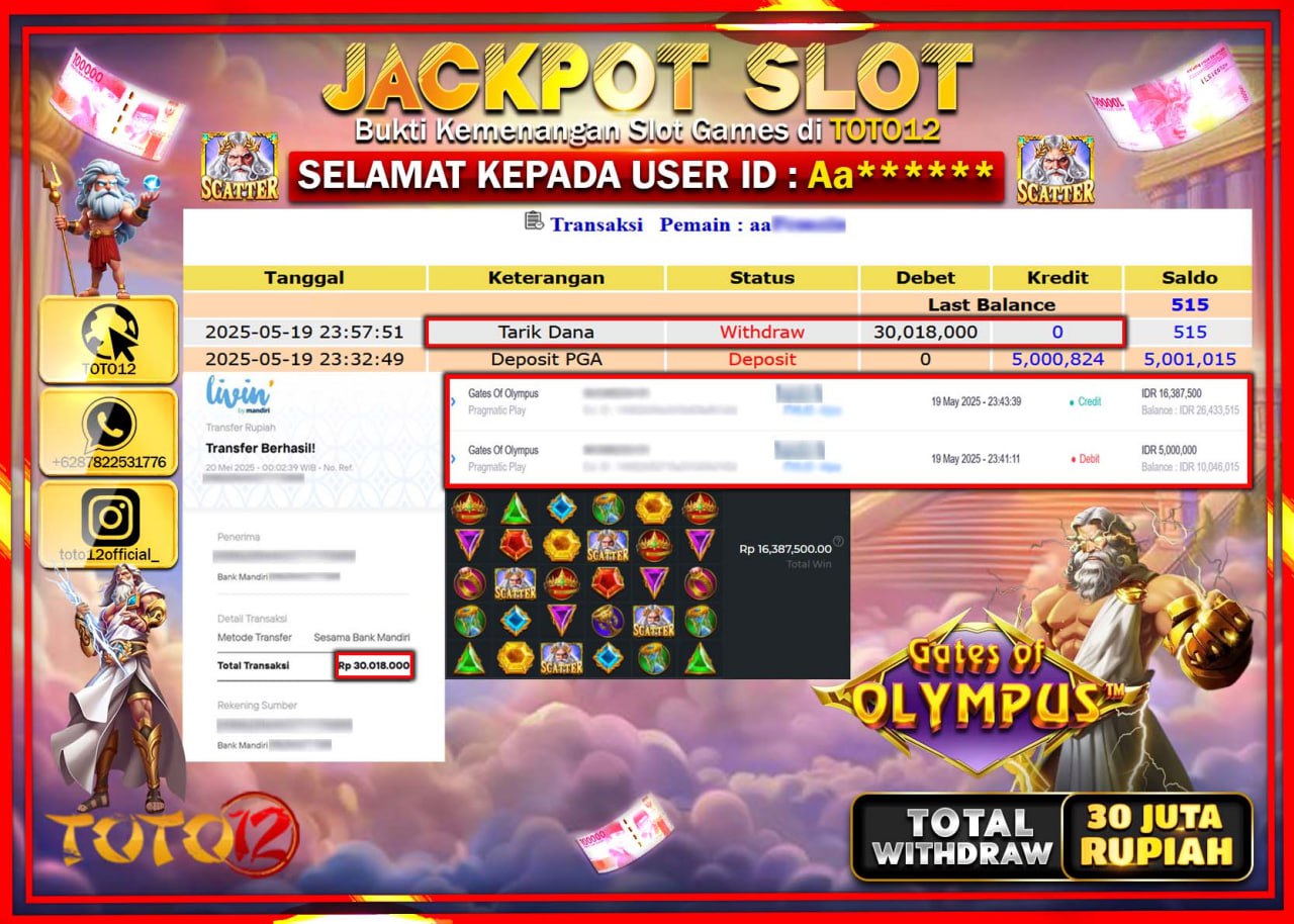 HANYA DI TOTO12 JP PASTI DI BAYAR LUNAS DAN CEPAT!!!!!! JACKPOT SLOT GAME (GATES OF OLYMPUS) Rp.30.000.000 !!!!