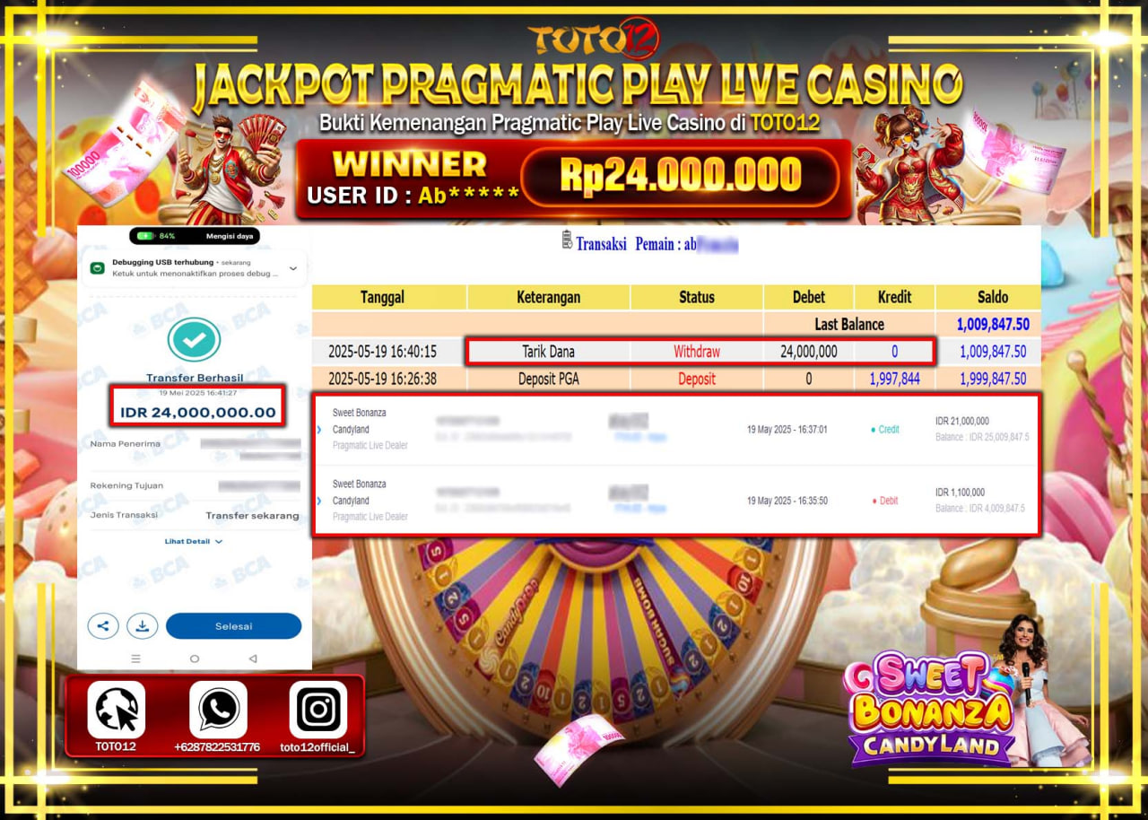 HANYA DI TOTO12 JP PASTI DI BAYAR LUNAS DAN CEPAT!!!!!! JACKPOT PRAGMATIC PLAY LIVE CASINO (SWEET BONANZA CANDY LAND) Rp.24.000.000 !!!!