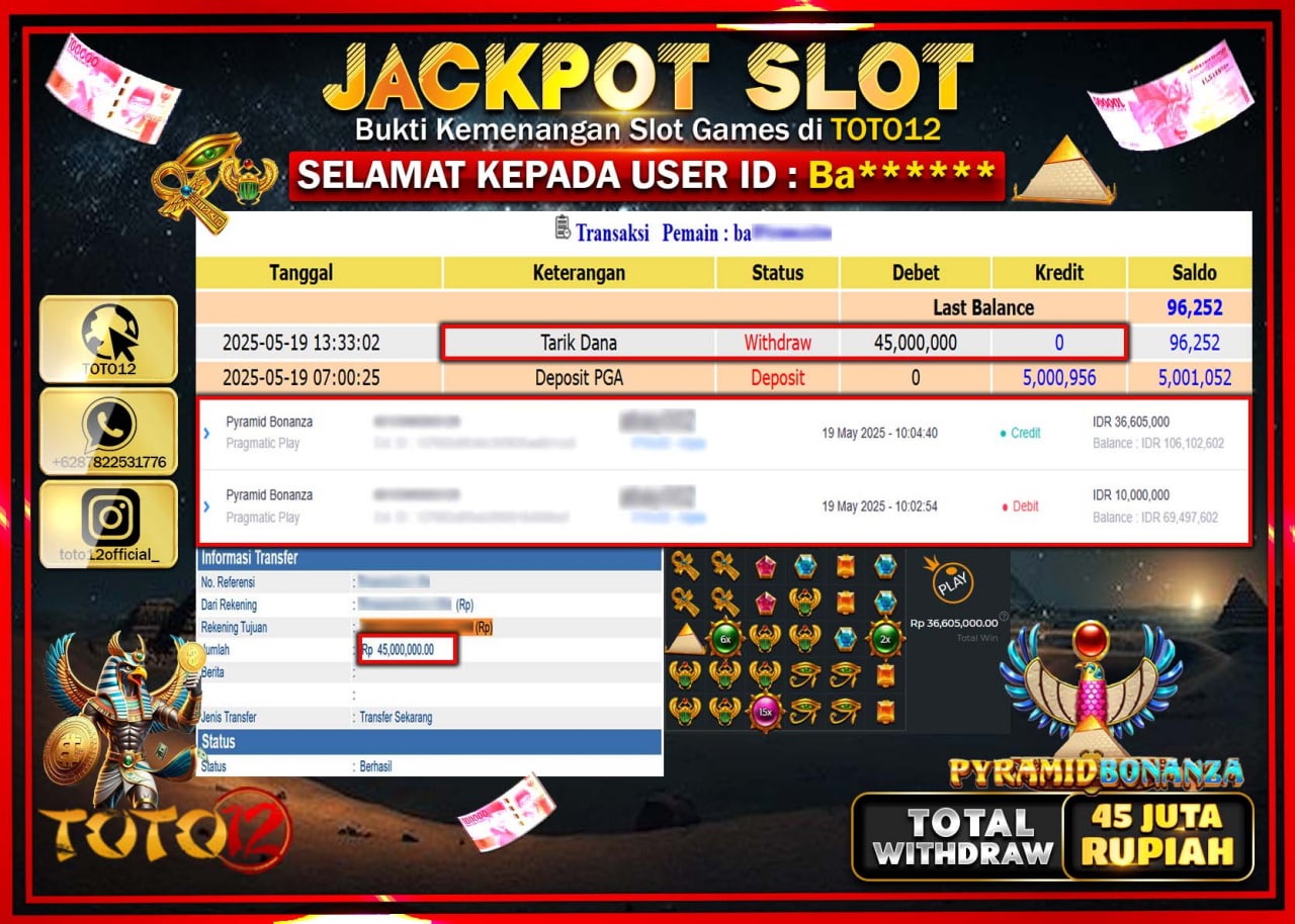 HANYA DI TOTO12 JP PASTI DI BAYAR LUNAS DAN CEPAT!!!!!! JACKPOT SLOT GAME (PYRAMID BONANZA) Rp.45.000.000 !!!!