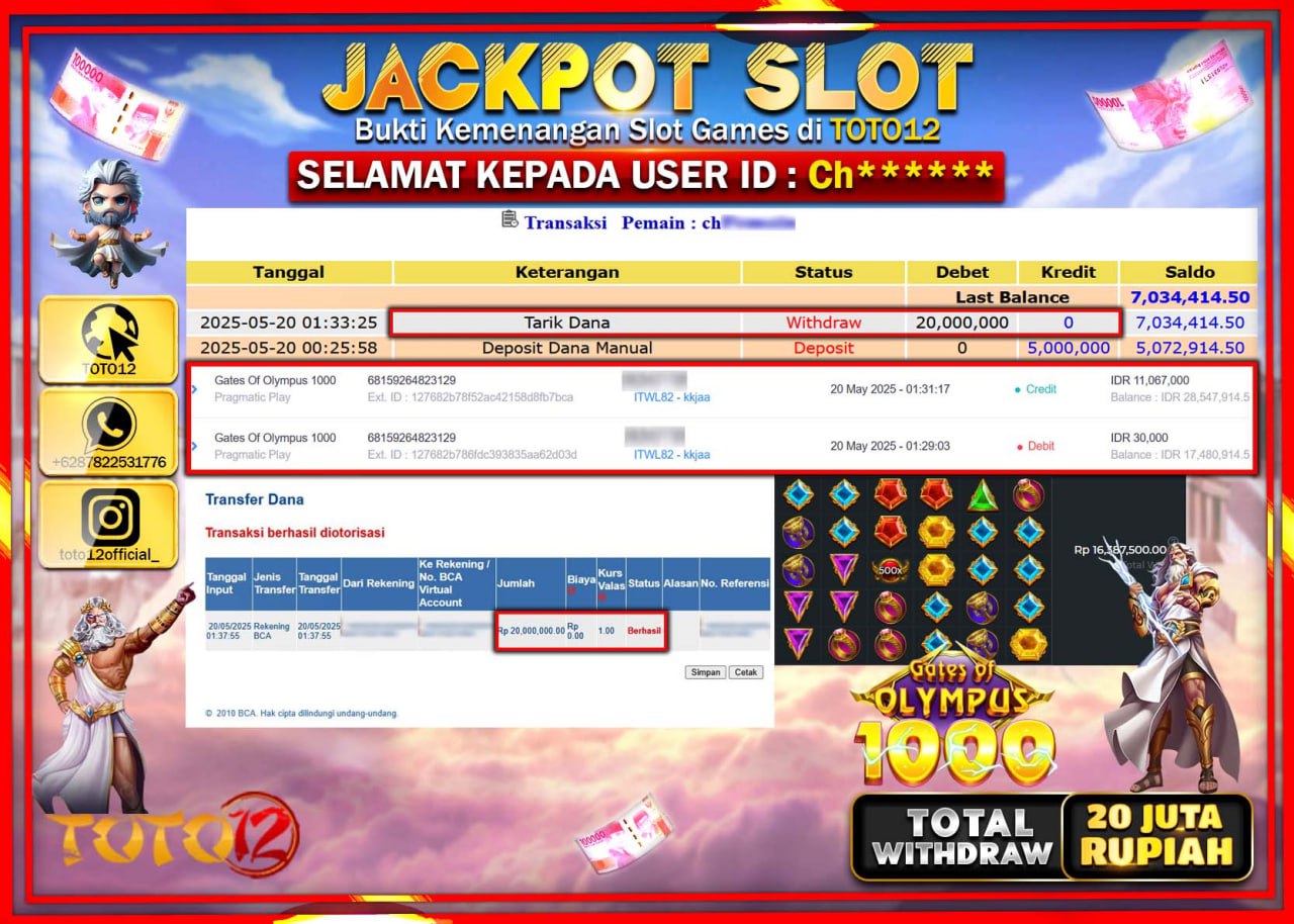HANYA DI TOTO12 JP PASTI DI BAYAR LUNAS DAN CEPAT!!!!!! JACKPOT SLOT GAME (GATES OF OLYMPUS 1000) Rp.20.000.000 !!!!
