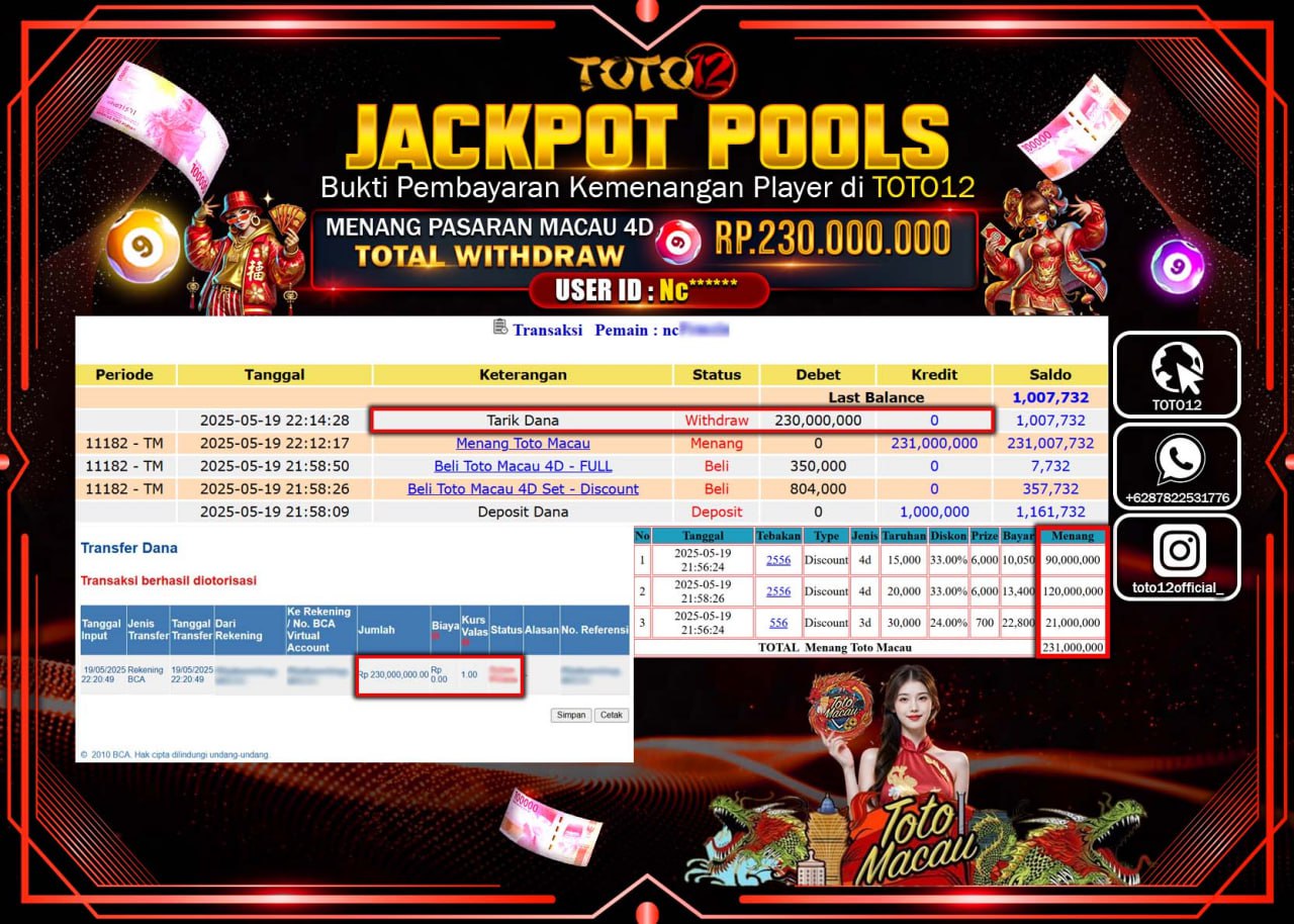 HANYA DI TOTO12 JP PASTI DI BAYAR LUNAS DAN CEPAT!!!!!! JACKPOT POOLS PASARAN (TOTO MACAU4D) Rp.230.000.000 !!!!