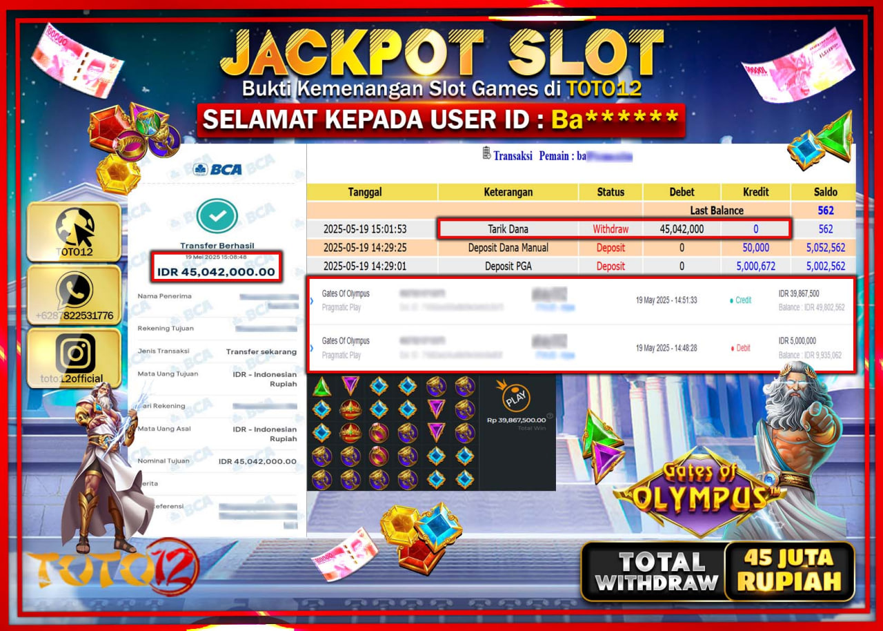 HANYA DI TOTO12 JP PASTI DI BAYAR LUNAS DAN CEPAT!!!!!! JACKPOT SLOT GAME (GATES OF OLYMPUS) Rp.45.000.000 !!!!