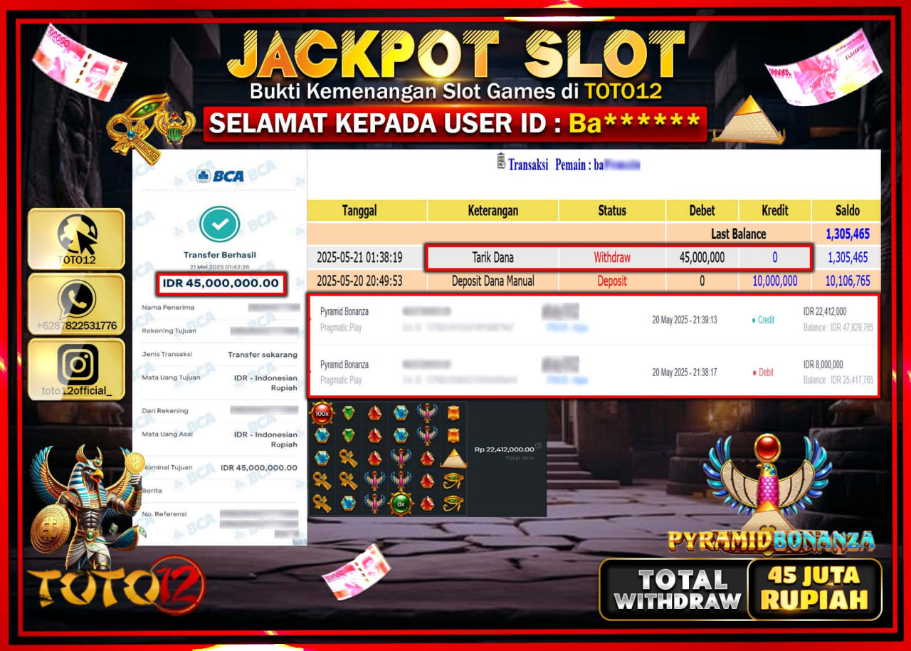 HANYA DI TOTO12 JP PASTI DI BAYAR LUNAS DAN CEPAT!!!!!! JACKPOT SLOT GAME (PYRAMID BONANZA) Rp.45.000.000 !!!!