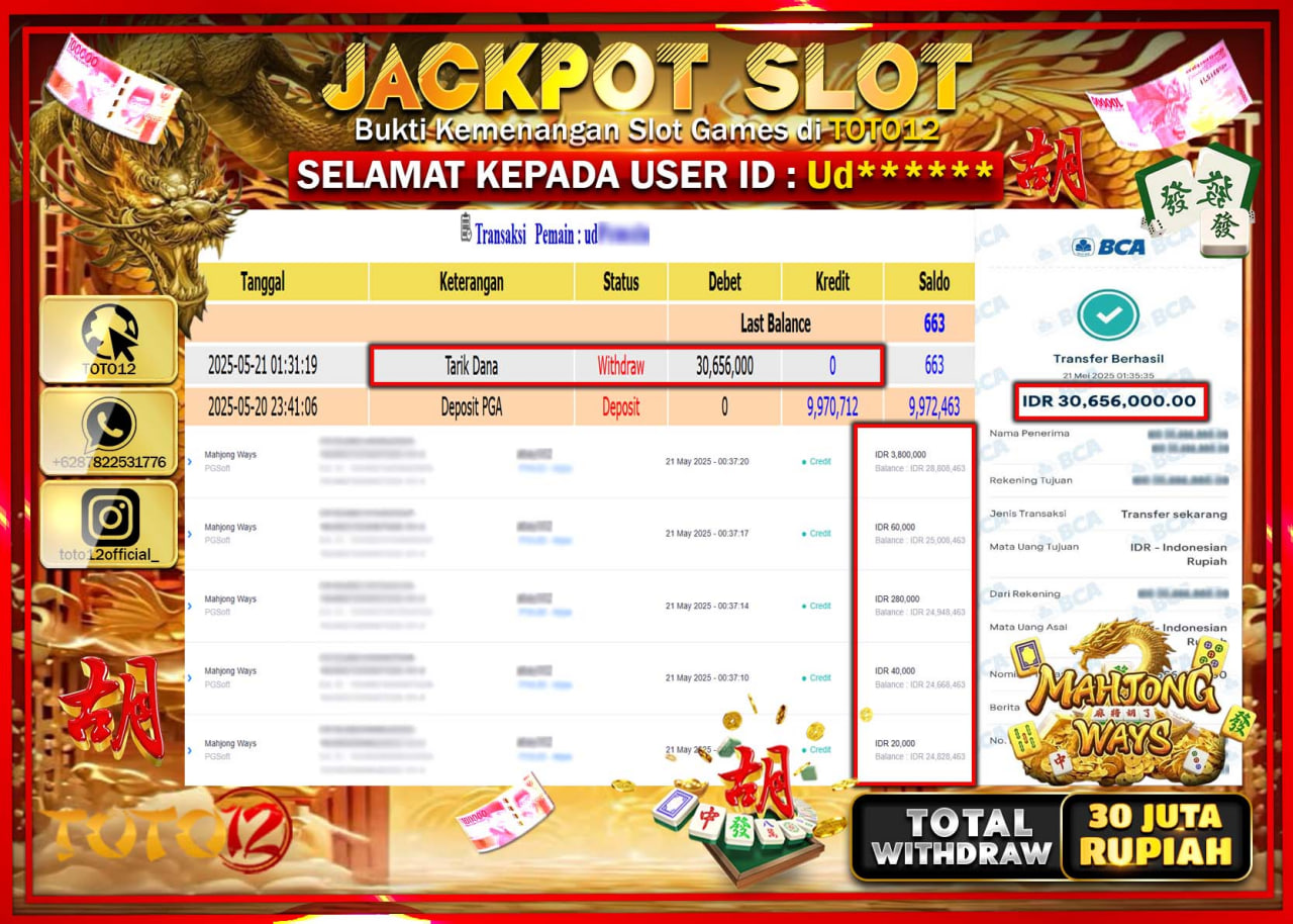 HANYA DI TOTO12 JP PASTI DI BAYAR LUNAS DAN CEPAT!!!!!! JACKPOT SLOT GAME (MAHJONG WAYS) Rp.30.000.000 !!!!