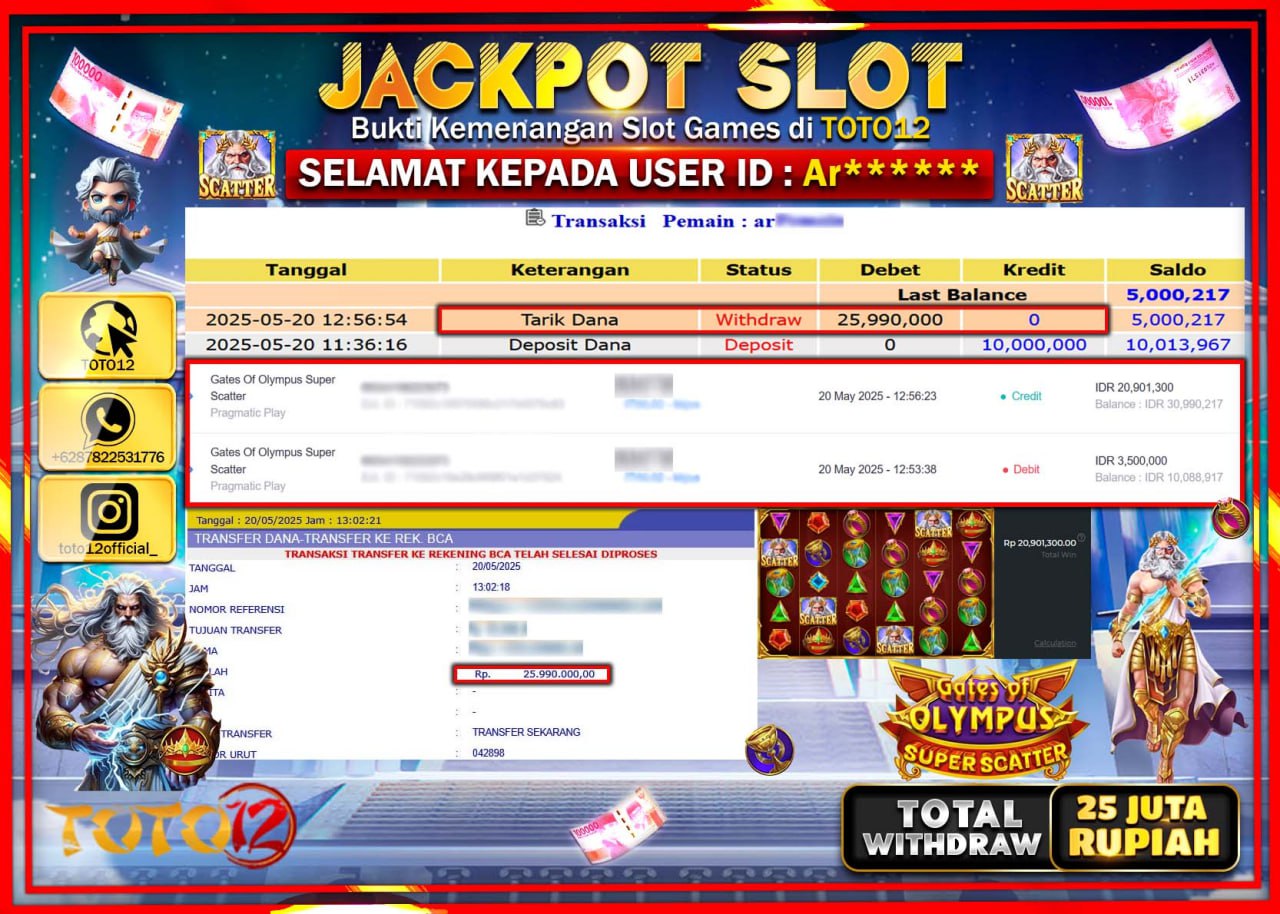 HANYA DI TOTO12 JP PASTI DI BAYAR LUNAS DAN CEPAT!!!!!! JACKPOT SLOT GAME (GATES OF OLYMPUS SUPER SCATTER) Rp.25.000.000 !!!!