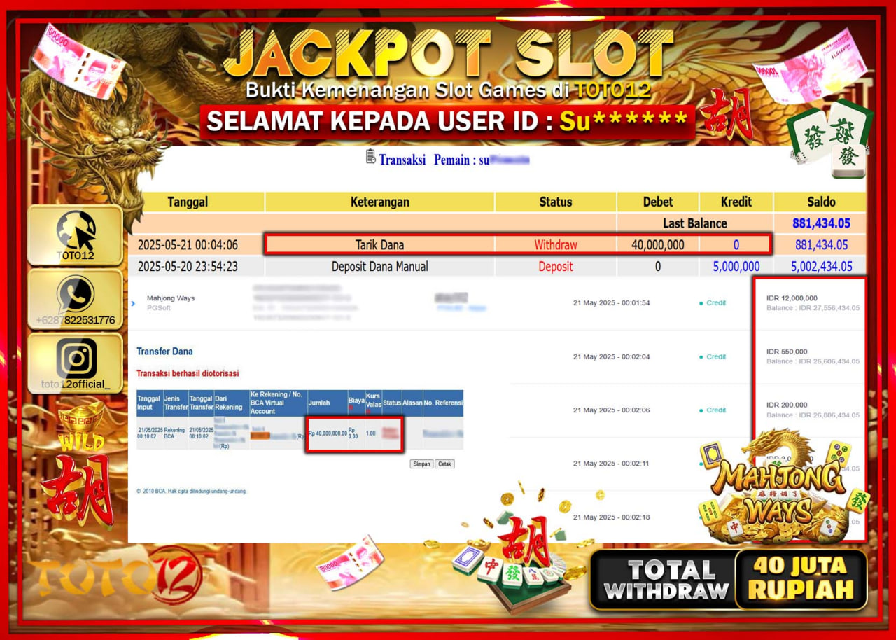 HANYA DI TOTO12 JP PASTI DI BAYAR LUNAS DAN CEPAT!!!!!! JACKPOT SLOT GAME (MAHJONG WAYS) Rp.40.000.000 !!!!