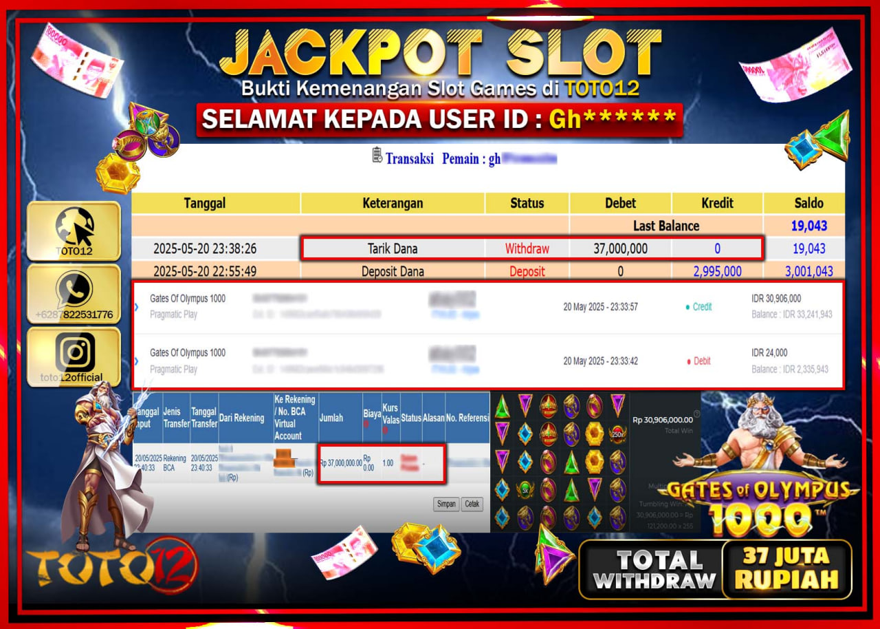 HANYA DI TOTO12 JP PASTI DI BAYAR LUNAS DAN CEPAT!!!!!! JACKPOT SLOT GAME (GATES OF OLYMPUS 1000) Rp.37.000.000 !!!!