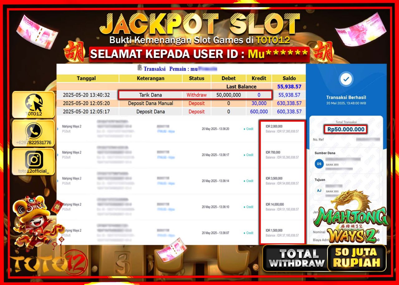 HANYA DI TOTO12 JP PASTI DI BAYAR LUNAS DAN CEPAT!!!!!! JACKPOT SLOT GAME (MAHJONG WAYS 2) Rp.50.000.000 !!!!