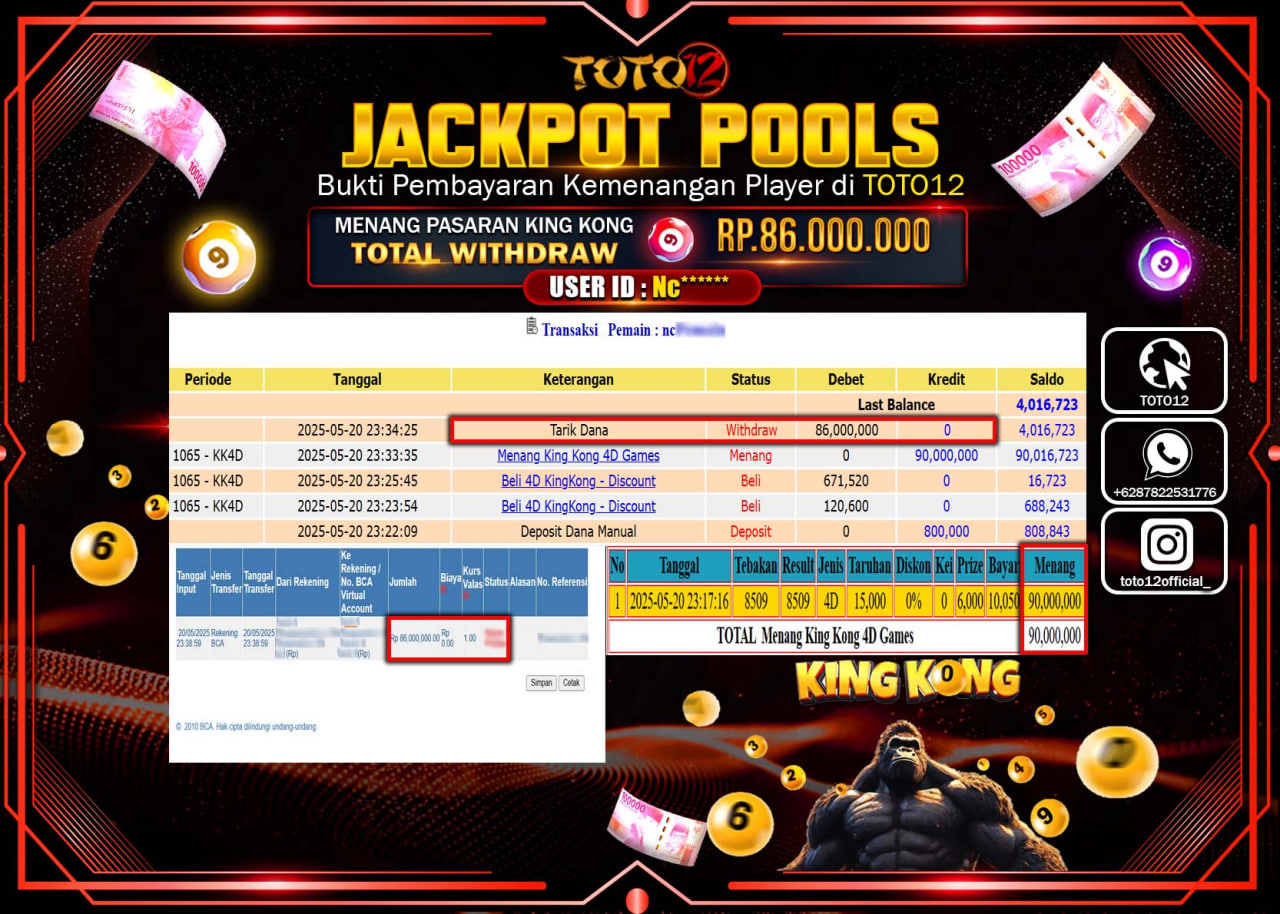 HANYA DI TOTO12 JP PASTI DI BAYAR LUNAS DAN CEPAT!!!!!! JACKPOT POOLS PASARAN (KINGKONG) Rp.86.000.000 !!!!