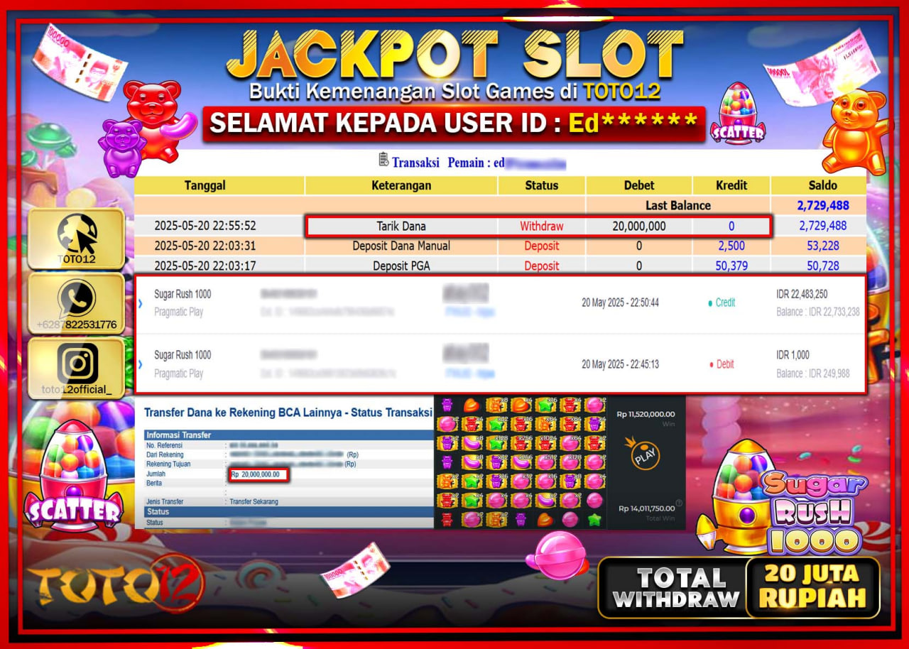 HANYA DI TOTO12 JP PASTI DI BAYAR LUNAS DAN CEPAT!!!!!! JACKPOT SLOT GAME (SUGAR RUSH 1000) Rp.20.000.000 !!!!