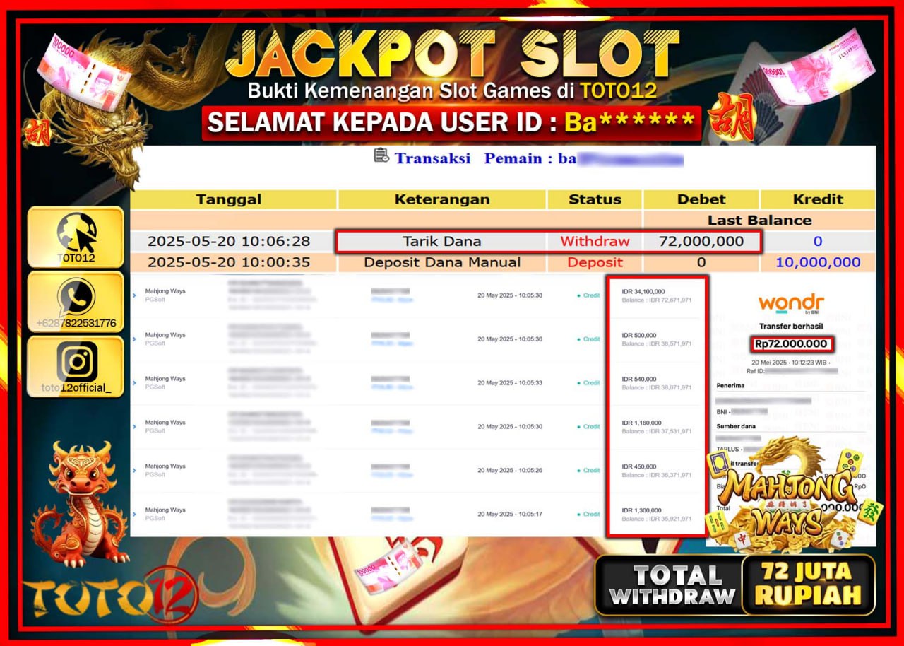 HANYA DI TOTO12 JP PASTI DI BAYAR LUNAS DAN CEPAT!!!!!! JACKPOT SLOT GAME (MAHJONG WAYS) Rp.72.000.000 !!!!