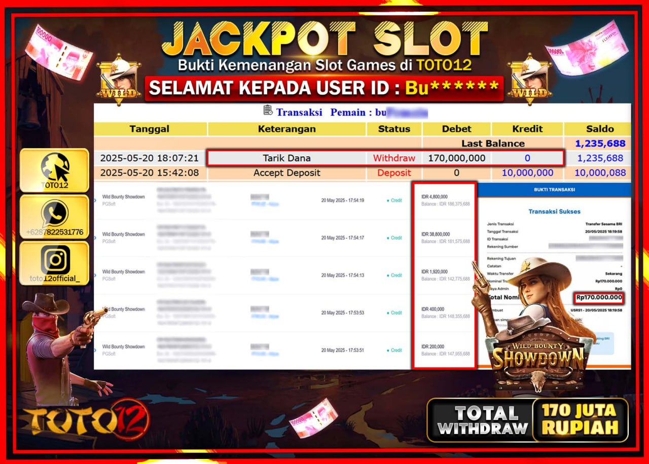 HANYA DI TOTO12 JP PASTI DI BAYAR LUNAS DAN CEPAT!!!!!! JACKPOT SLOT GAME (WILD BOUNTY SHOWDOWN) Rp.170.000.000 !!!!