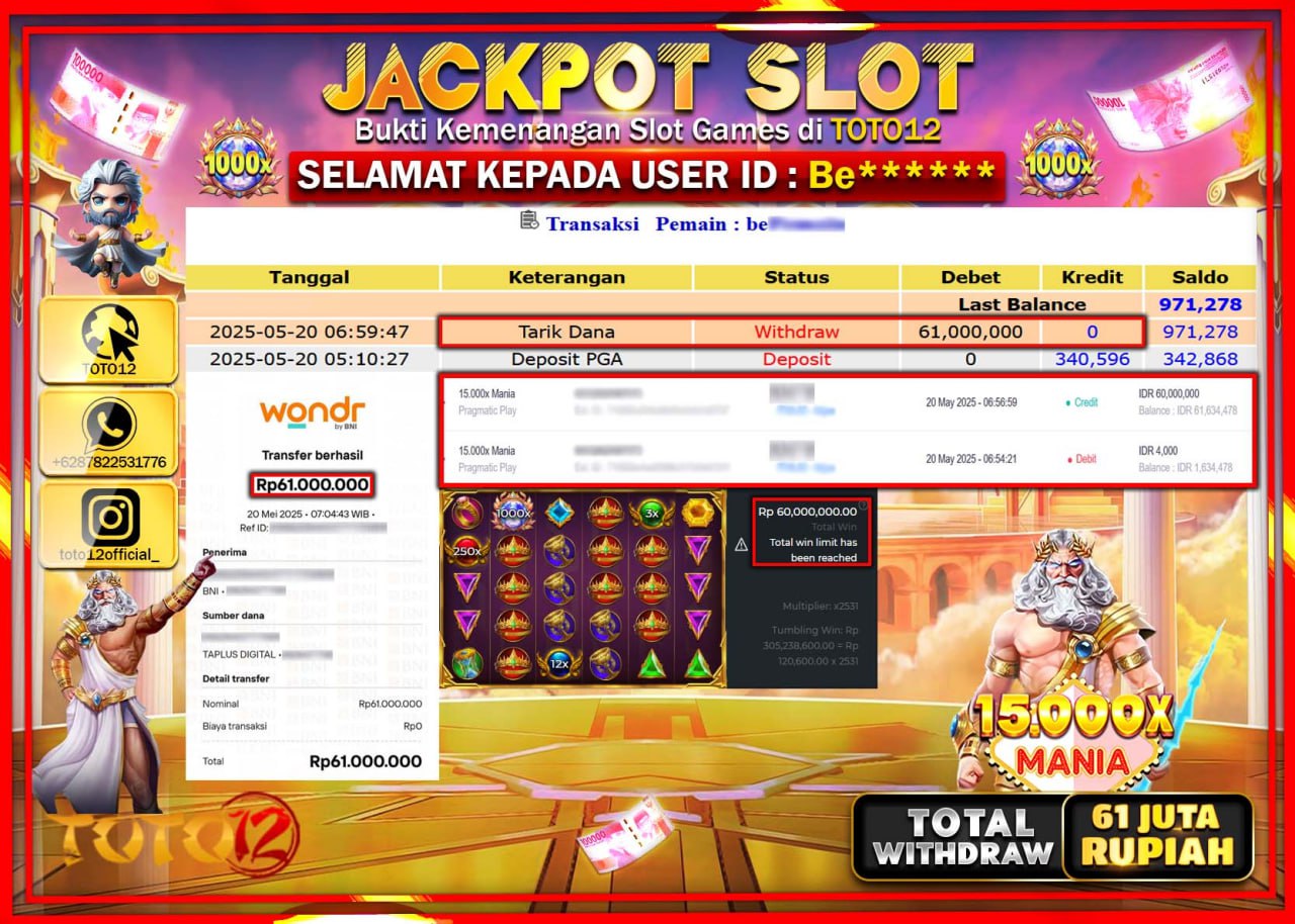 HANYA DI TOTO12 JP PASTI DI BAYAR LUNAS DAN CEPAT!!!!!! JACKPOT SLOT GAME (15.000X MANIA) Rp.61.000.000 !!!!