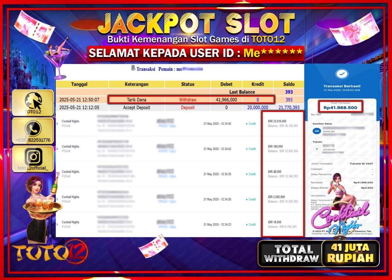 HANYA DI TOTO12 JP PASTI DI BAYAR LUNAS DAN CEPAT!!!!!! JACKPOT SLOT GAME (COCKTAIL NIGHT) Rp.41.000.000 !!!!