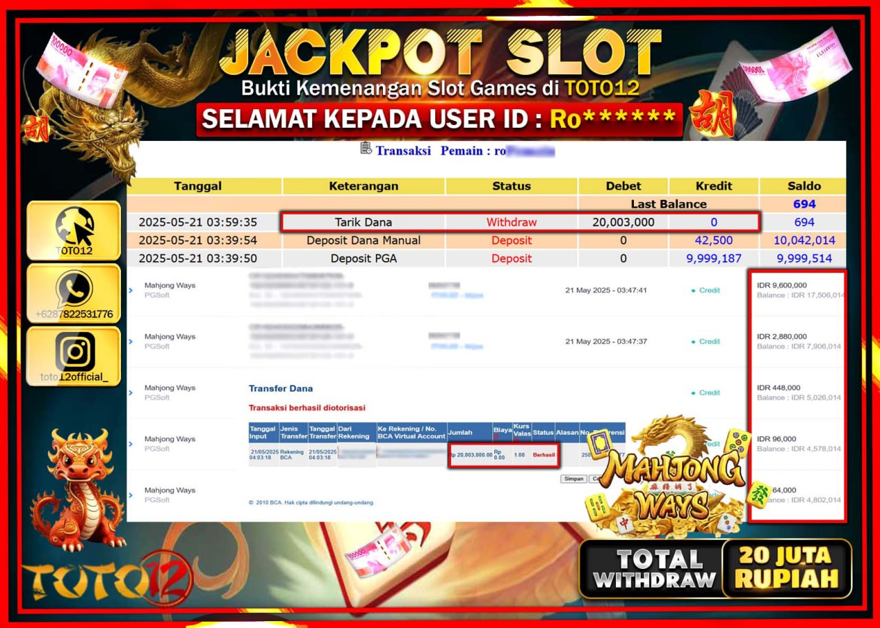 HANYA DI TOTO12 JP PASTI DI BAYAR LUNAS DAN CEPAT!!!!!! JACKPOT SLOT GAME (MAHJONG WAYS) Rp.20.000.000 !!!!