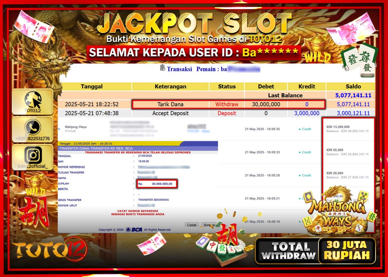 HANYA DI TOTO12 JP PASTI DI BAYAR LUNAS DAN CEPAT!!!!!! JACKPOT SLOT GAME (MAHJONG WAYS) Rp.30.000.000 !!!!