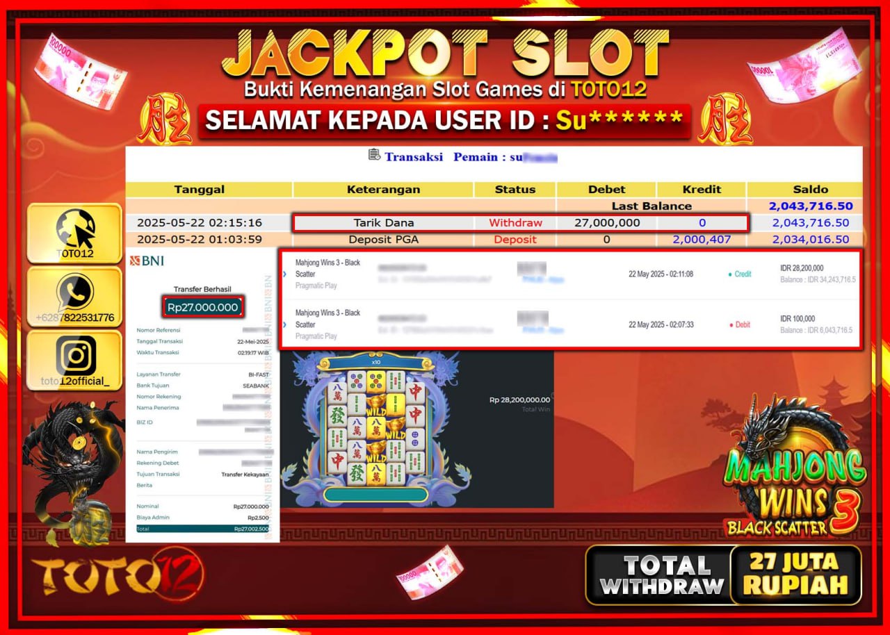 HANYA DI TOTO12 JP PASTI DI BAYAR LUNAS DAN CEPAT!!!!!! JACKPOT SLOT GAME (MAHJONG WINS 3 BlACK SCATTER) Rp.27.000.000 !!!!