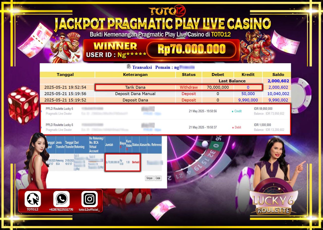 HANYA DI TOTO12 JP PASTI DI BAYAR LUNAS DAN CEPAT!!!!!! JACKPOT PRAGMATIC PLAY LIVE CASINO (LUCKY 6 ROULETTE) Rp.70.000.000 !!!!