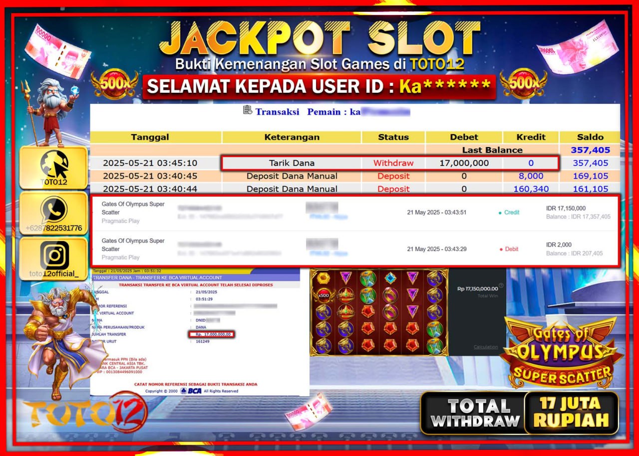 HANYA DI TOTO12 JP PASTI DI BAYAR LUNAS DAN CEPAT!!!!!! JACKPOT SLOT GAME (GATES OF OLYMPUS SUPER SCATTER) Rp.17.000.000 !!!!