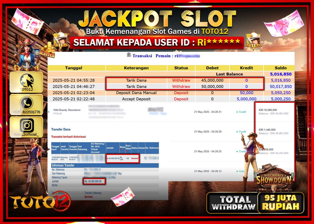 HANYA DI TOTO12 JP PASTI DI BAYAR LUNAS DAN CEPAT!!!!!! JACKPOT SLOT GAME (WILD BOUNTY SHOWDOWN) Rp.95.000.000 !!!!