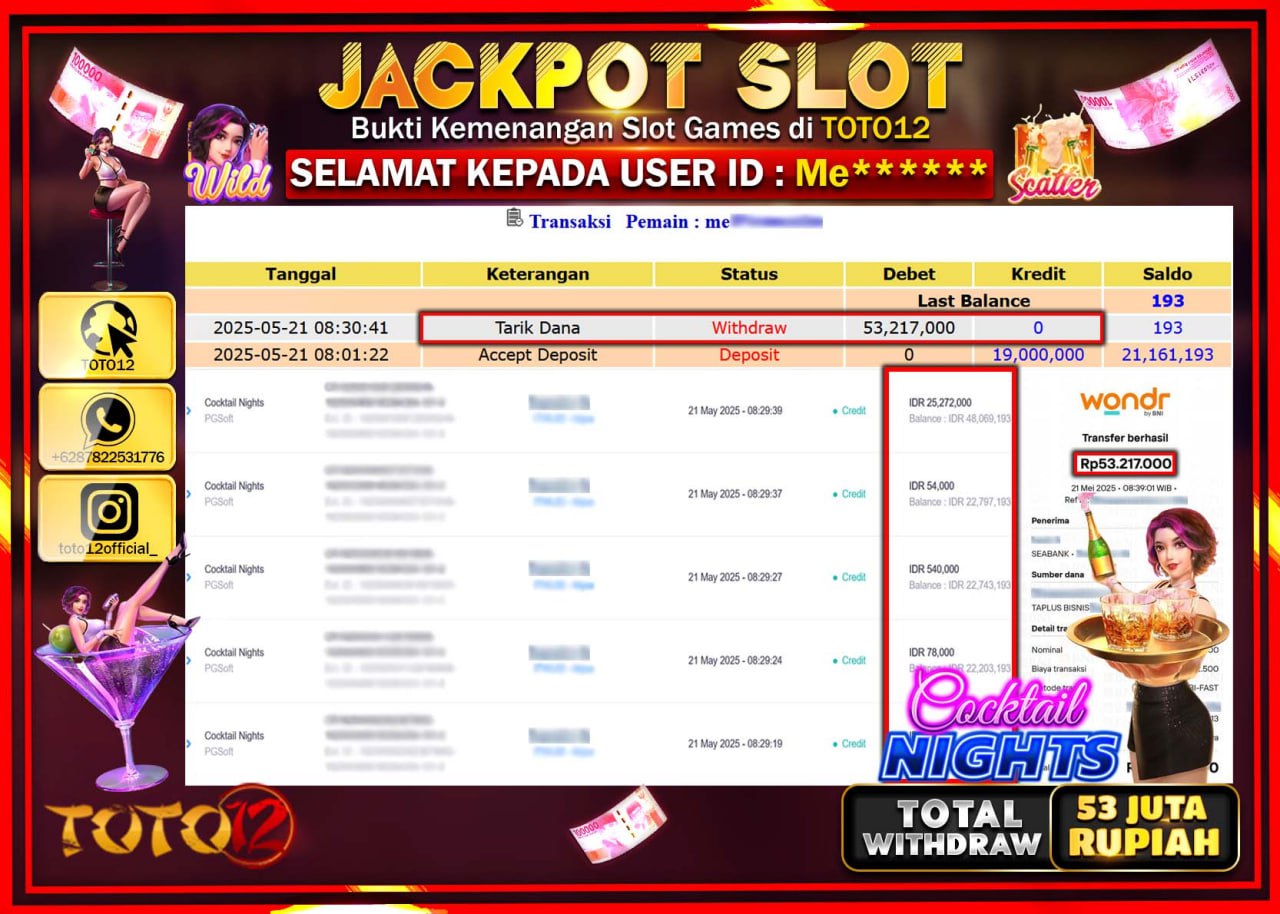 HANYA DI TOTO12 JP PASTI DI BAYAR LUNAS DAN CEPAT!!!!!! JACKPOT SLOT GAME (COCKTAIL NIGHT) Rp.27.000.000 !!!!