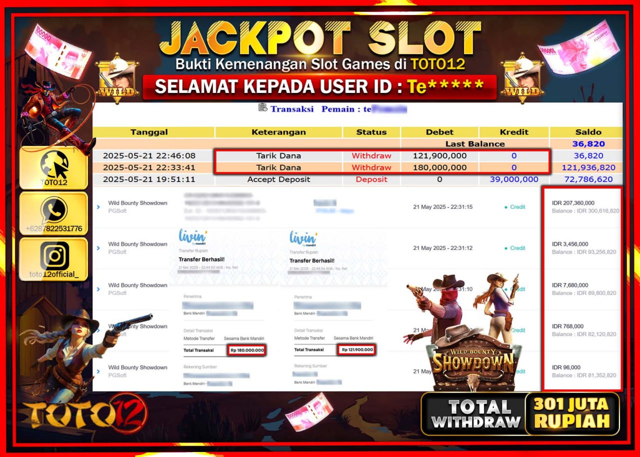 HANYA DI TOTO12 JP PASTI DI BAYAR LUNAS DAN CEPAT!!!!!! JACKPOT SLOT GAME (WILD BOUNTY SHOWDOWN) Rp.301.000.000 !!!!