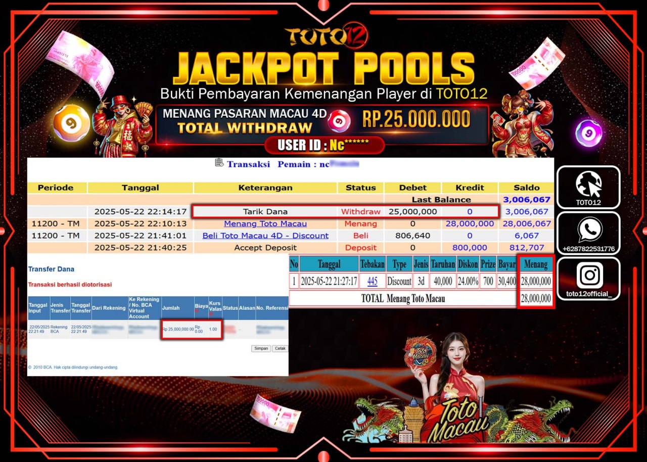 HANYA DI TOTO12 JP PASTI DI BAYAR LUNAS DAN CEPAT!!!!!! JACKPOT POOLS PASARAN (TOTO MACAU4D) Rp.25.000.000 !!!!