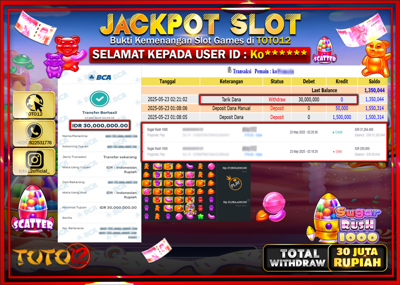 HANYA DI TOTO12 JP PASTI DI BAYAR LUNAS DAN CEPAT!!!!!! JACKPOT SLOT GAME (SUGAR RUSH 1000) Rp.30.000.000 !!!!