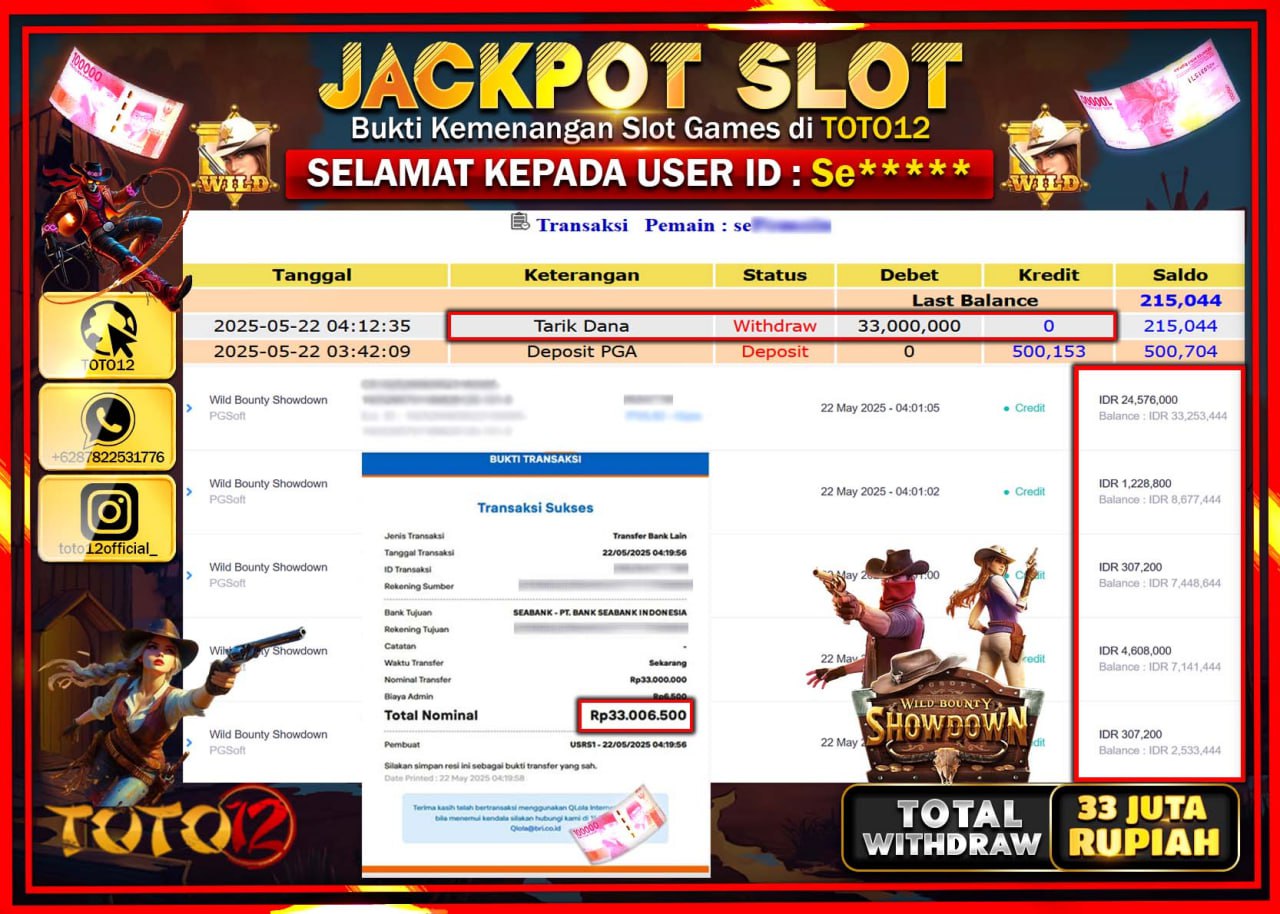 HANYA DI TOTO12 JP PASTI DI BAYAR LUNAS DAN CEPAT!!!!!! JACKPOT SLOT GAME (WILD BOUNTY SHOWDOWN) Rp.33.000.000 !!!!