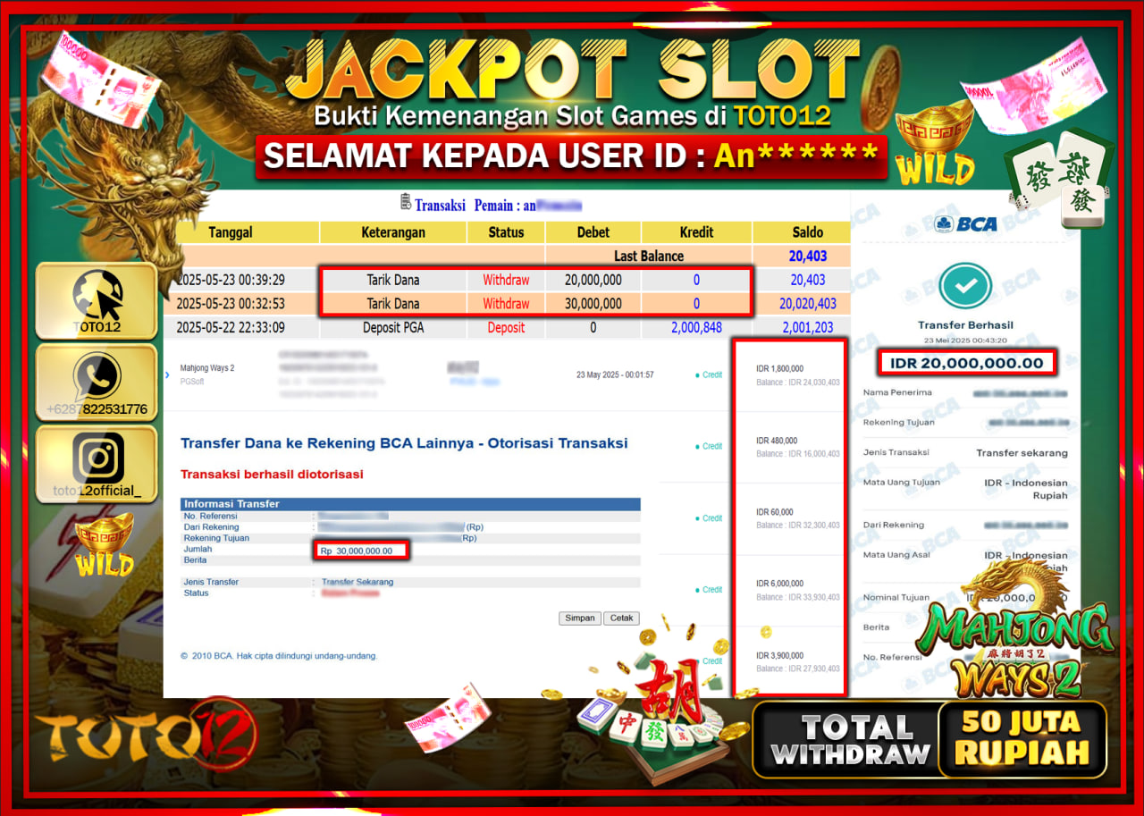 HANYA DI TOTO12 JP PASTI DI BAYAR LUNAS DAN CEPAT!!!!!! JACKPOT SLOT GAME (MAHJONG WAYS 2) Rp.50.000.000 !!!!