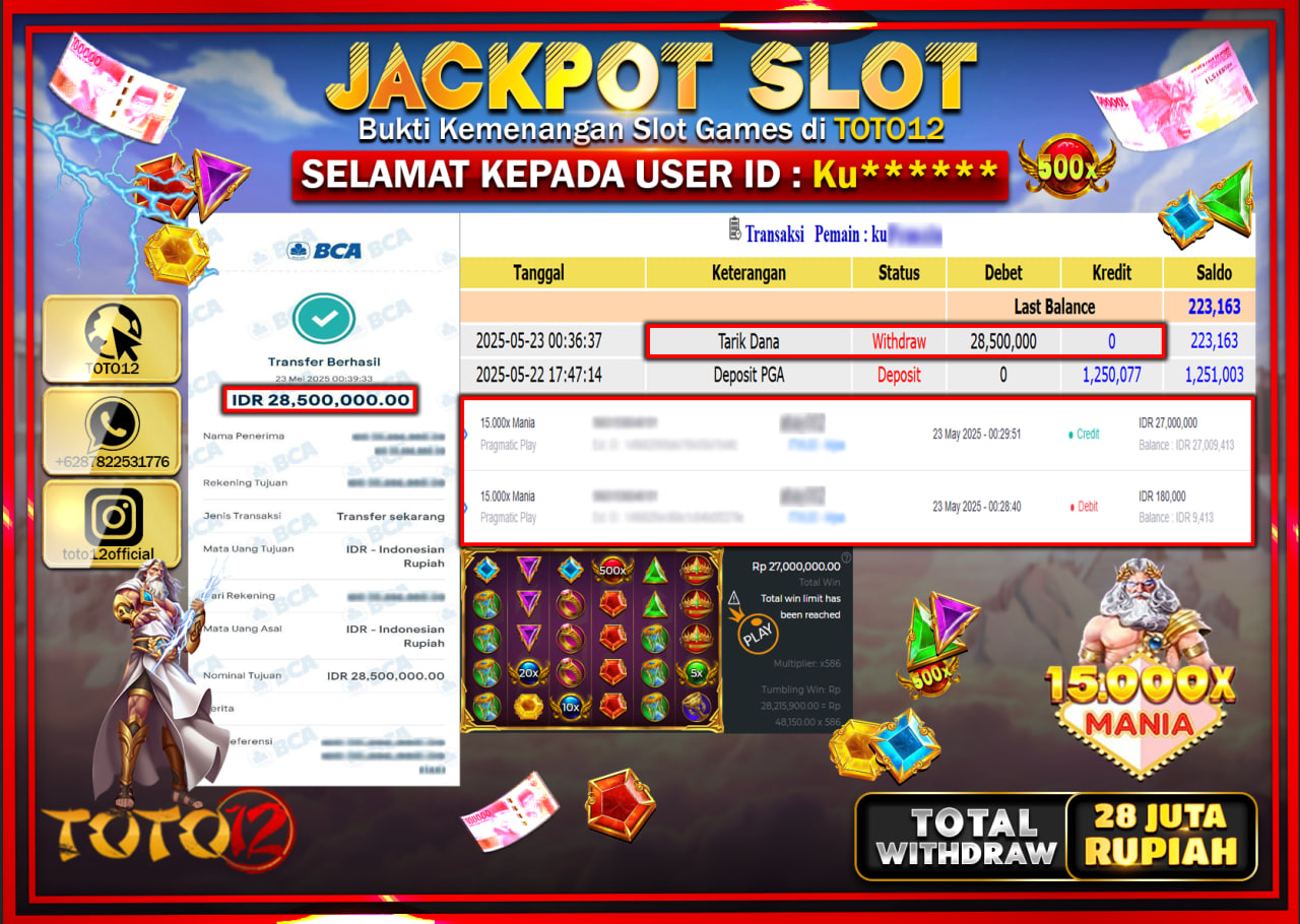 HANYA DI TOTO12 JP PASTI DI BAYAR LUNAS DAN CEPAT!!!!!! JACKPOT SLOT GAME (15.000X MANIA) Rp.28.000.000 !!!!