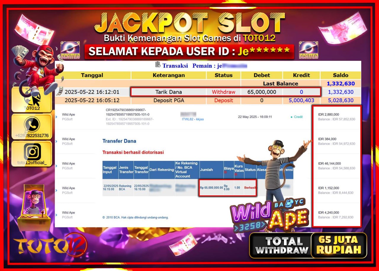 HANYA DI TOTO12 JP PASTI DI BAYAR LUNAS DAN CEPAT!!!!!! JACKPOT SLOT GAME (WILD APE) Rp.65.000.000 !!!!