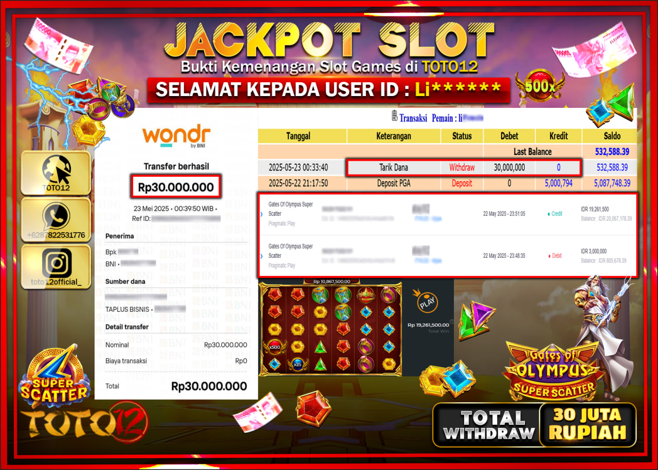 HANYA DI TOTO12 JP PASTI DI BAYAR LUNAS DAN CEPAT!!!!!! JACKPOT SLOT GAME (GATES OF OLYMPUS SUPER SCATTER) Rp.30.000.000 !!!!