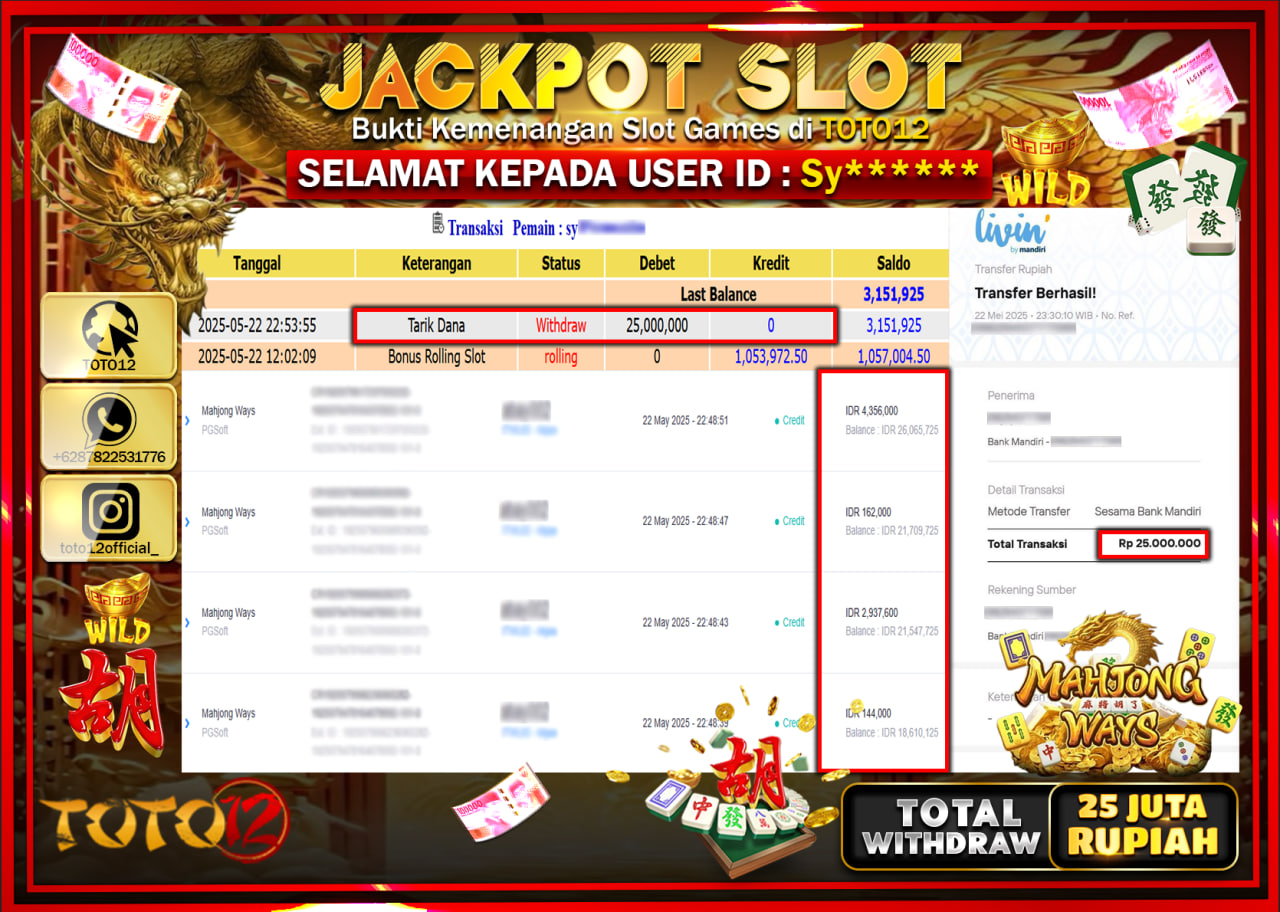 HANYA DI TOTO12 JP PASTI DI BAYAR LUNAS DAN CEPAT!!!!!! JACKPOT SLOT GAME (MAHJONG WAYS) Rp.25.000.000 !!!!