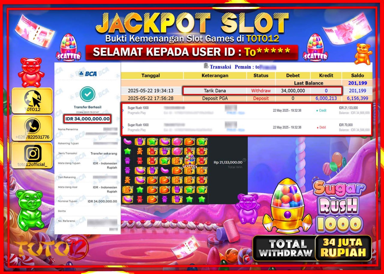 HANYA DI TOTO12 JP PASTI DI BAYAR LUNAS DAN CEPAT!!!!!! JACKPOT SLOT GAME (SUGAR RUSH 1000) Rp.34.000.000 !!!!
